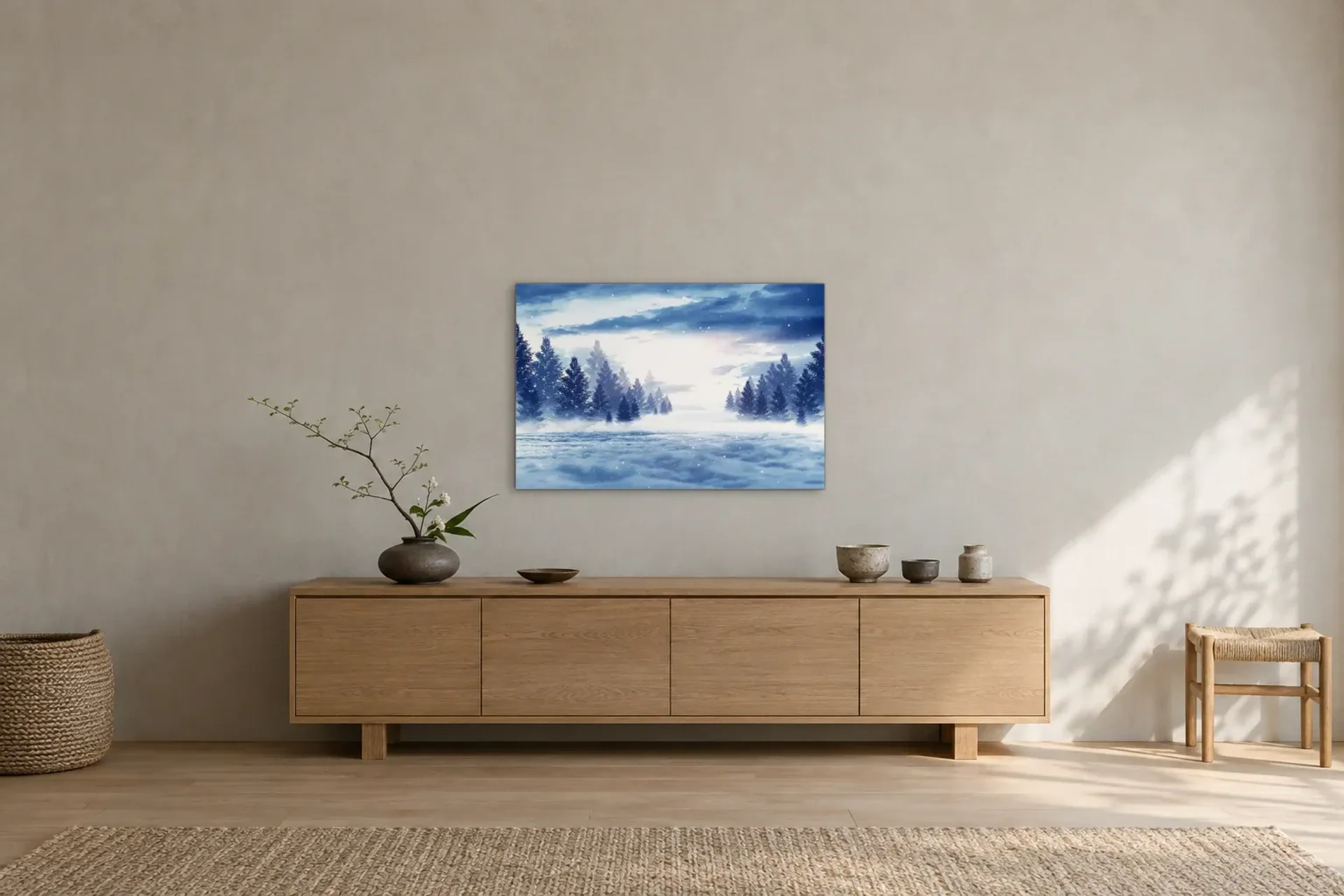 Winterwald in Blau als Wandbild über einem 180-cm-Sideboard