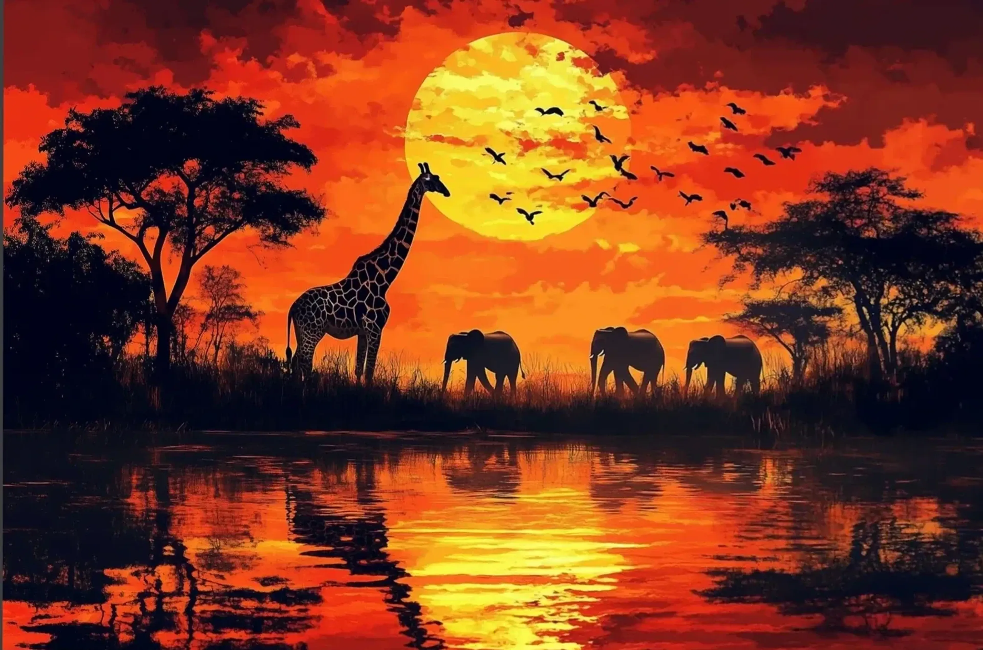 Eine Giraffe und drei Elefanten am Wasser unter Vögeln und großer gelber Sonne in einem rotorangenen Himmel.