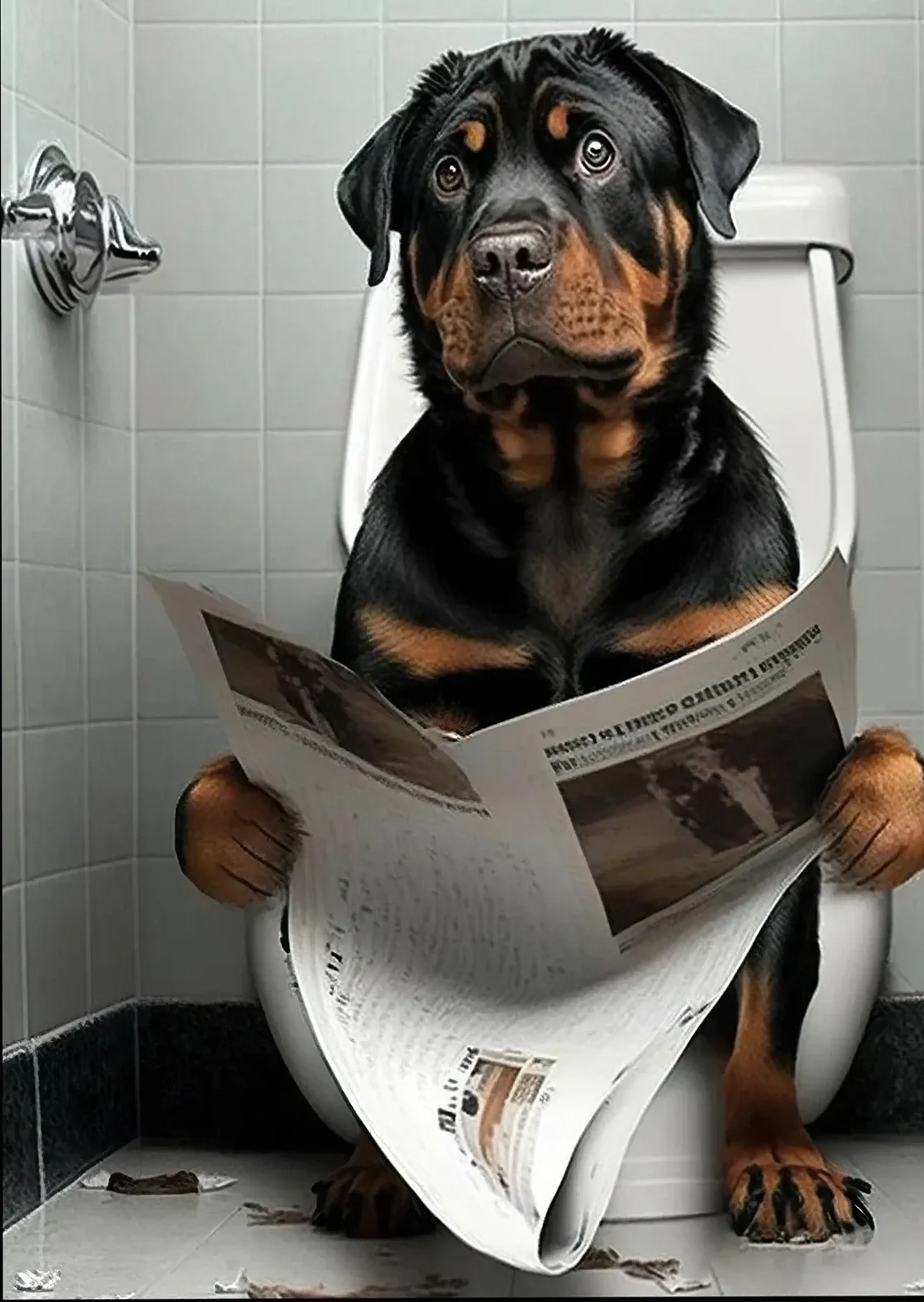 Schwarz-brauner Rottweiler mit aufgeschlagener Zeitung auf einer Toilette vor hellen Fliesen.