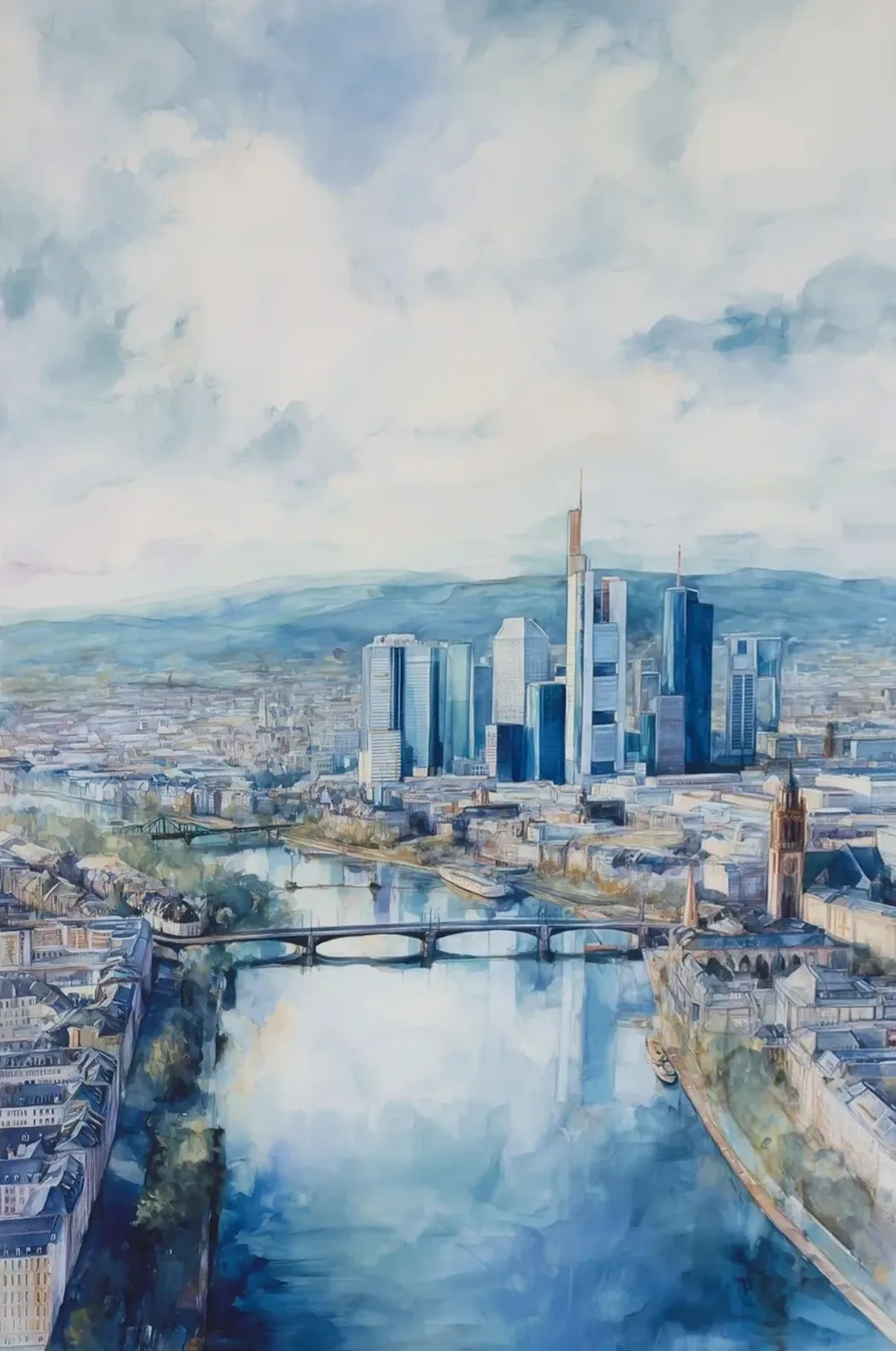 Blick von oben auf Frankfurt mit Main, mehreren Brücken, Hochhäusern und blauen Hügeln unter hellem Wolkenhimmel.