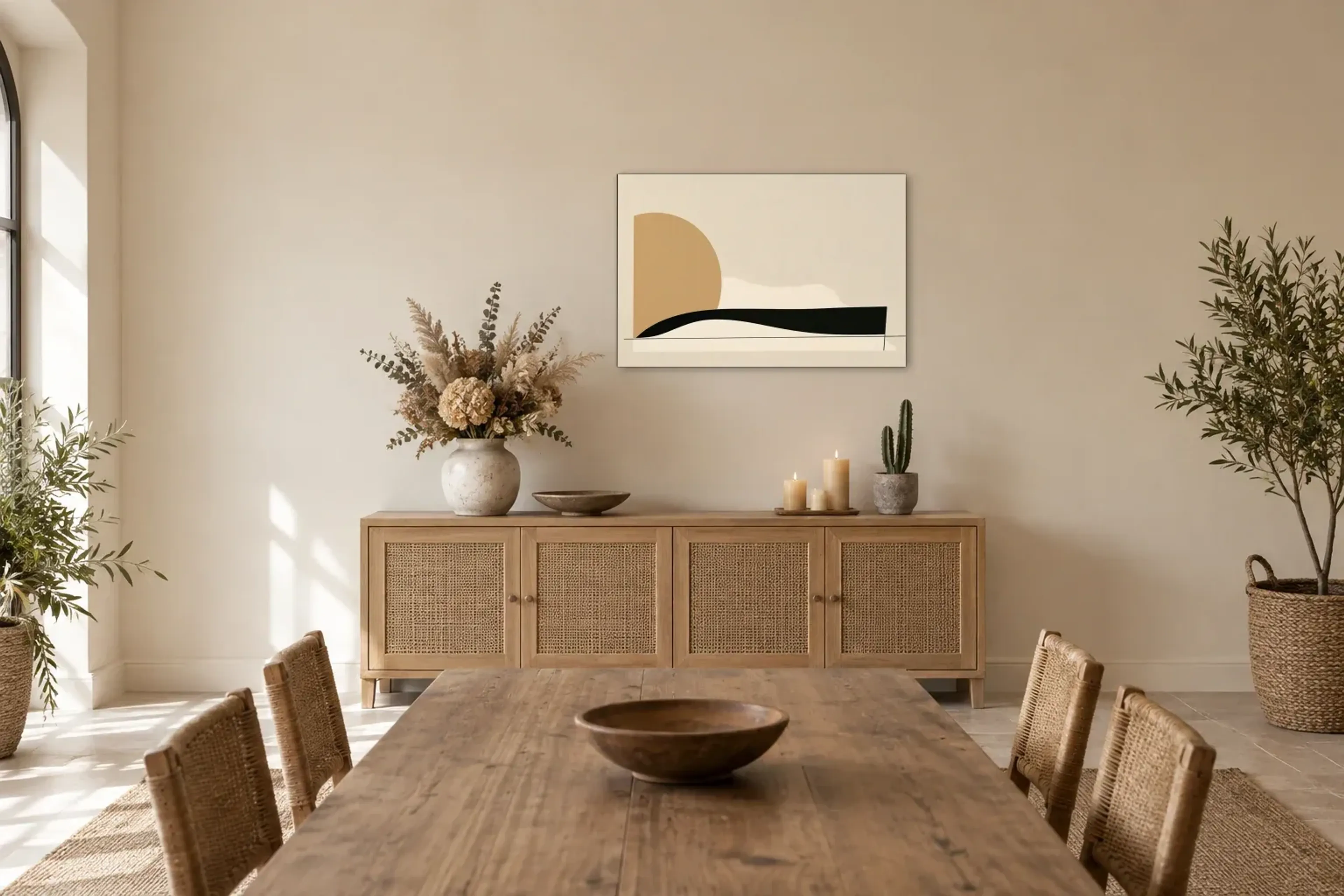 Boho Formen als Wandbild über einem 160-cm-Sideboard