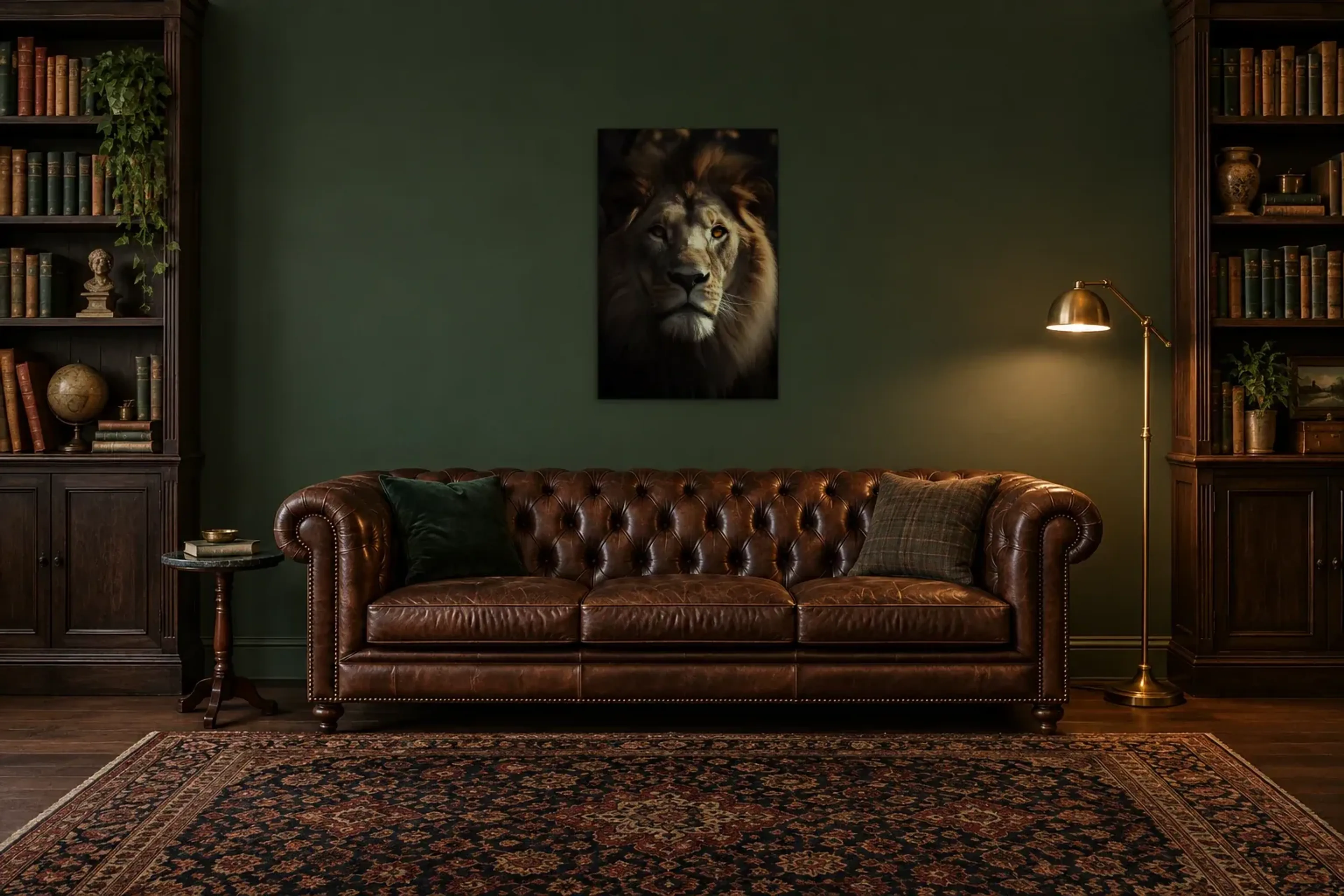Löwenkopf im Seitenlicht als Wandbild über einem 200-cm-Chesterfield-Sofa