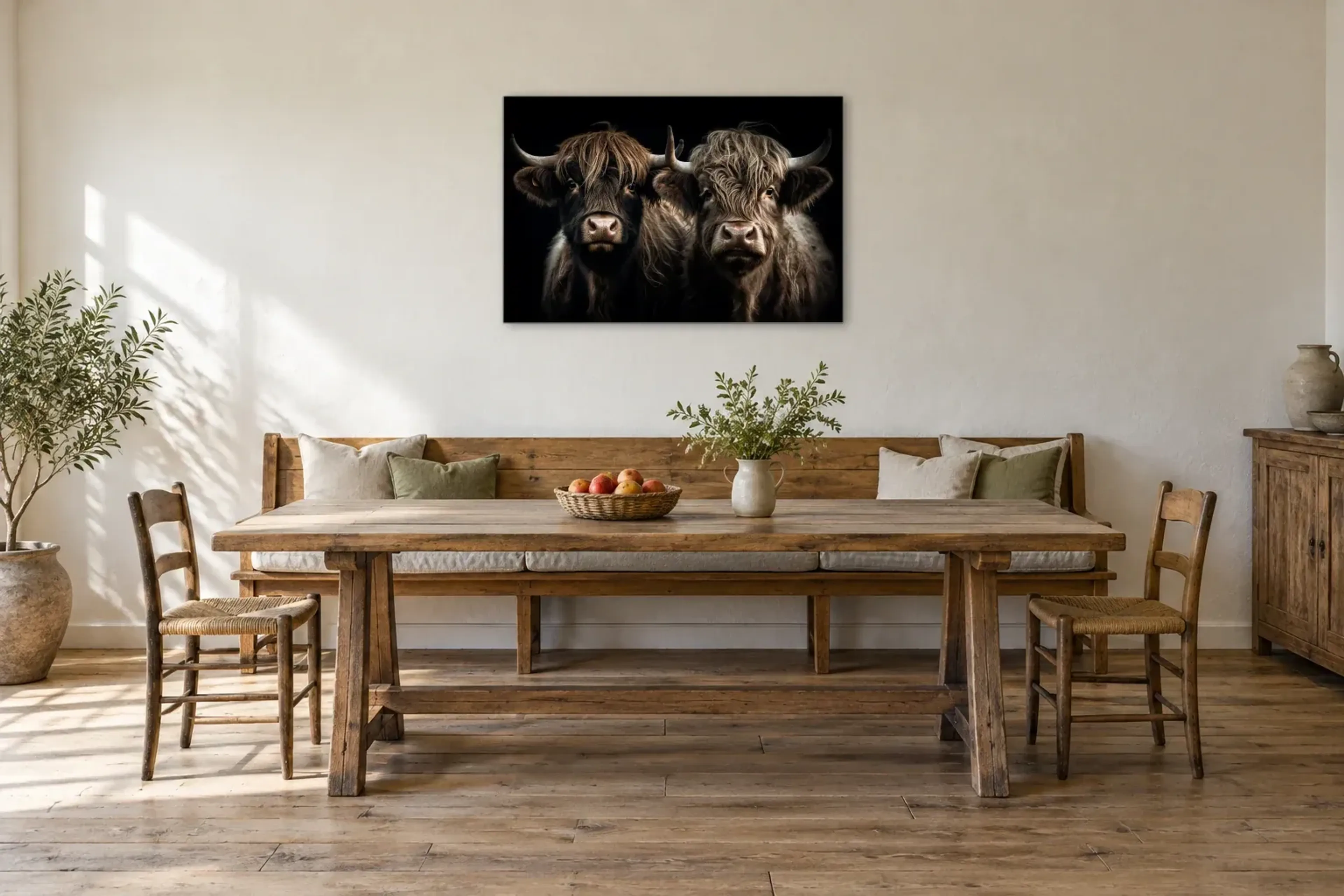 Hochlandrinder im Doppelporträt als Wandbild über einer 200-cm-Sitzbank