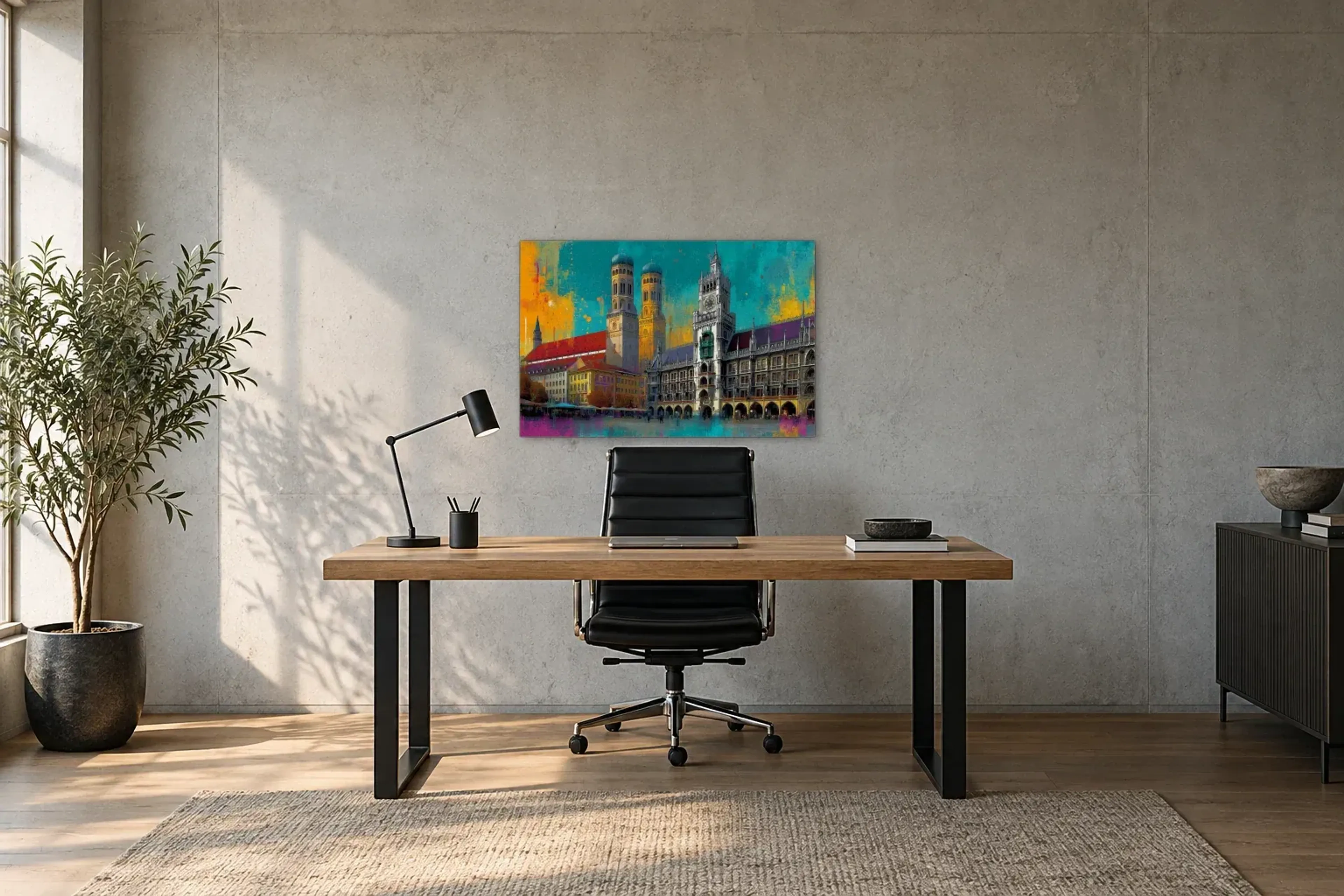 München in Türkis und Gold als Wandbild über einem 160-cm-Schreibtisch