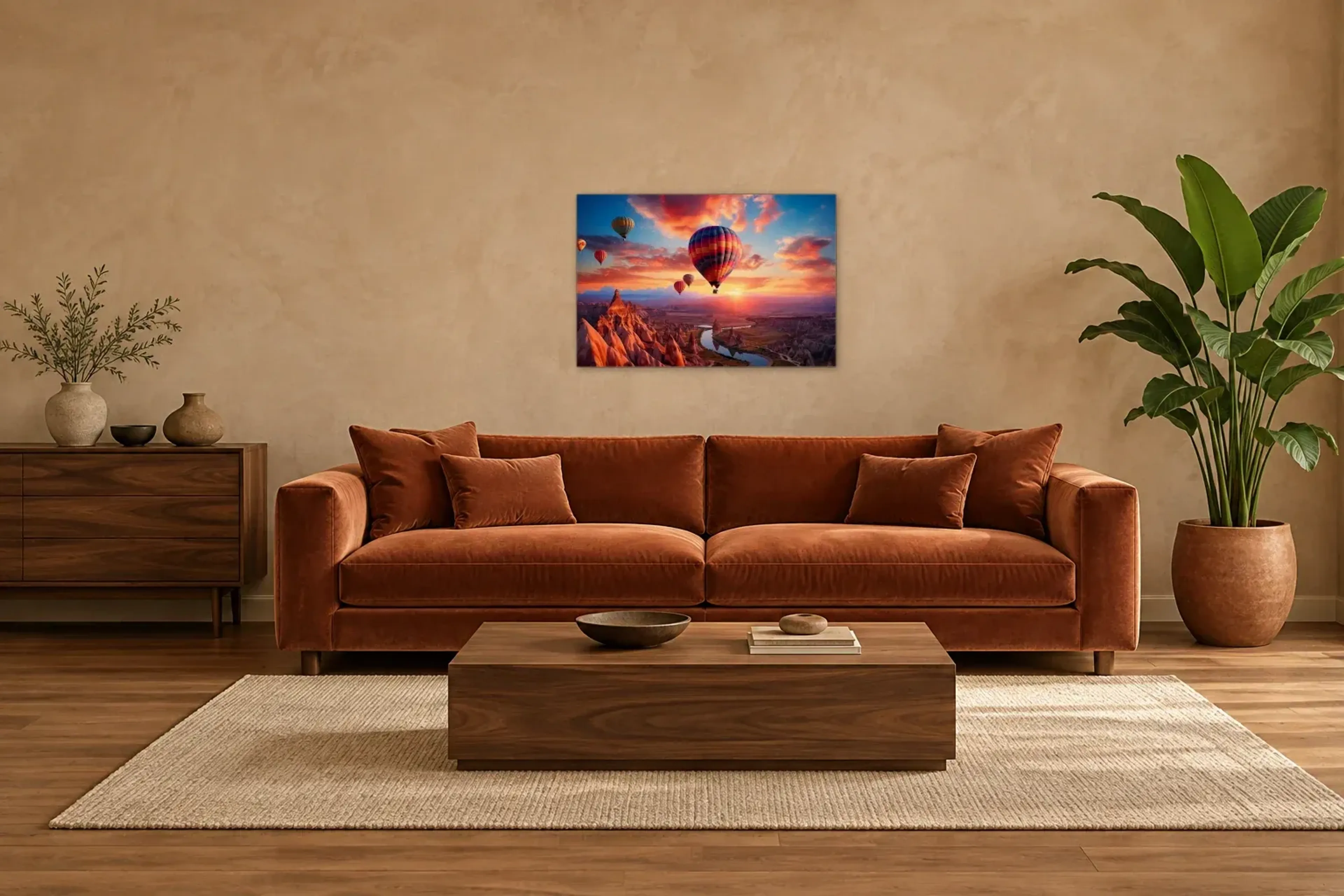 Ballons im Abendlicht als Wandbild über einem 220-cm-Sofa