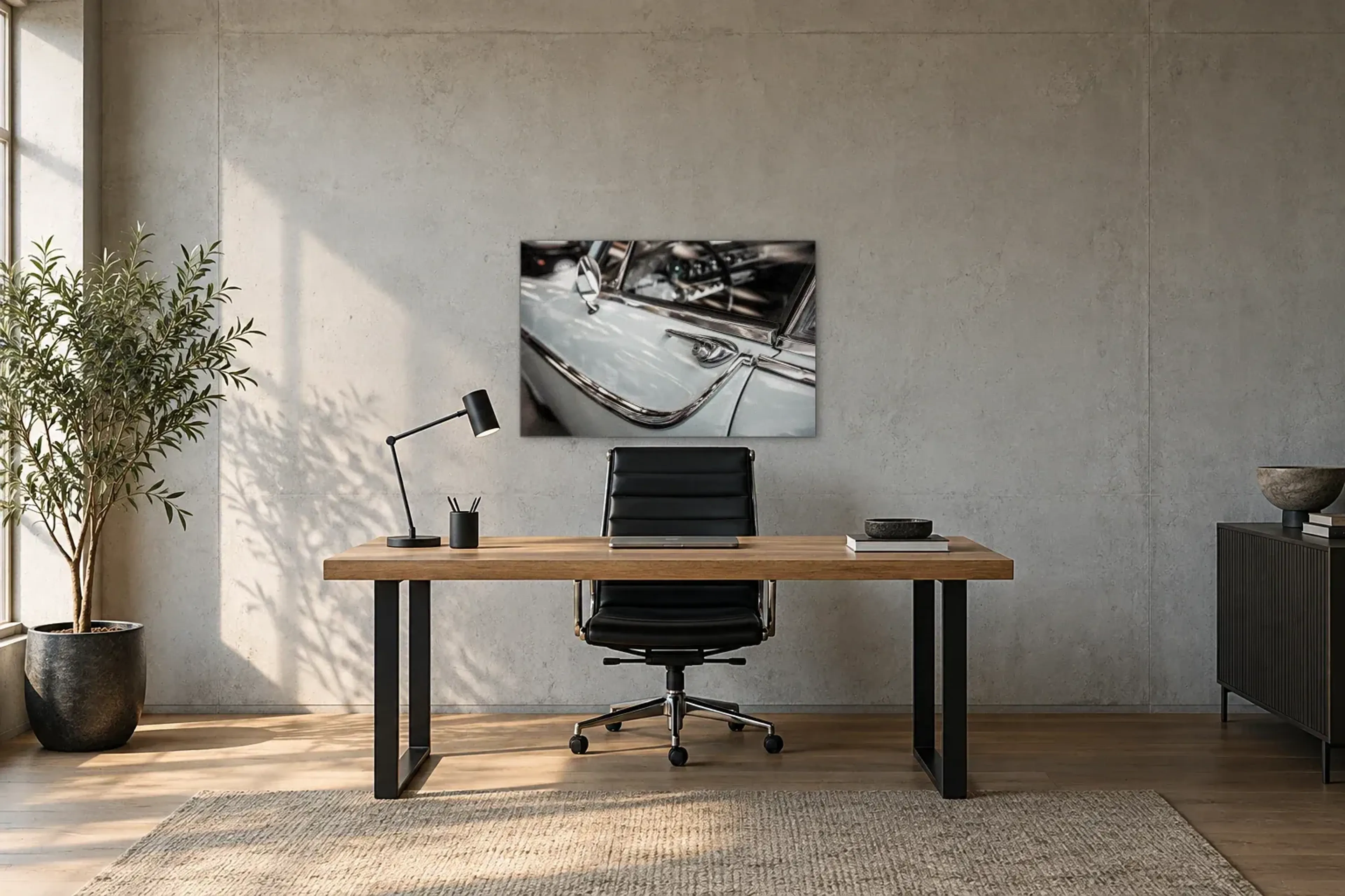 Oldtimer im Detail als Wandbild über einem 160-cm-Schreibtisch