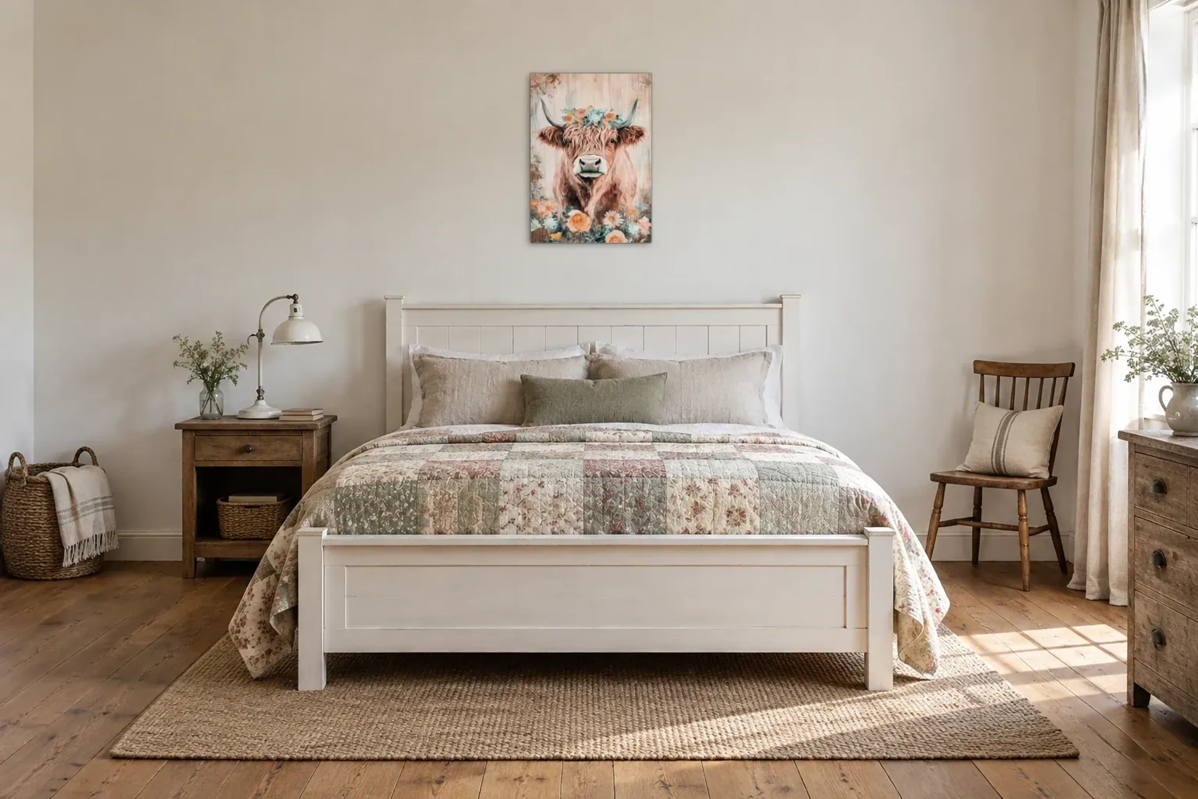 Hochlandrind mit Blumenkranz als Wandbild über einem 160-cm-Bett