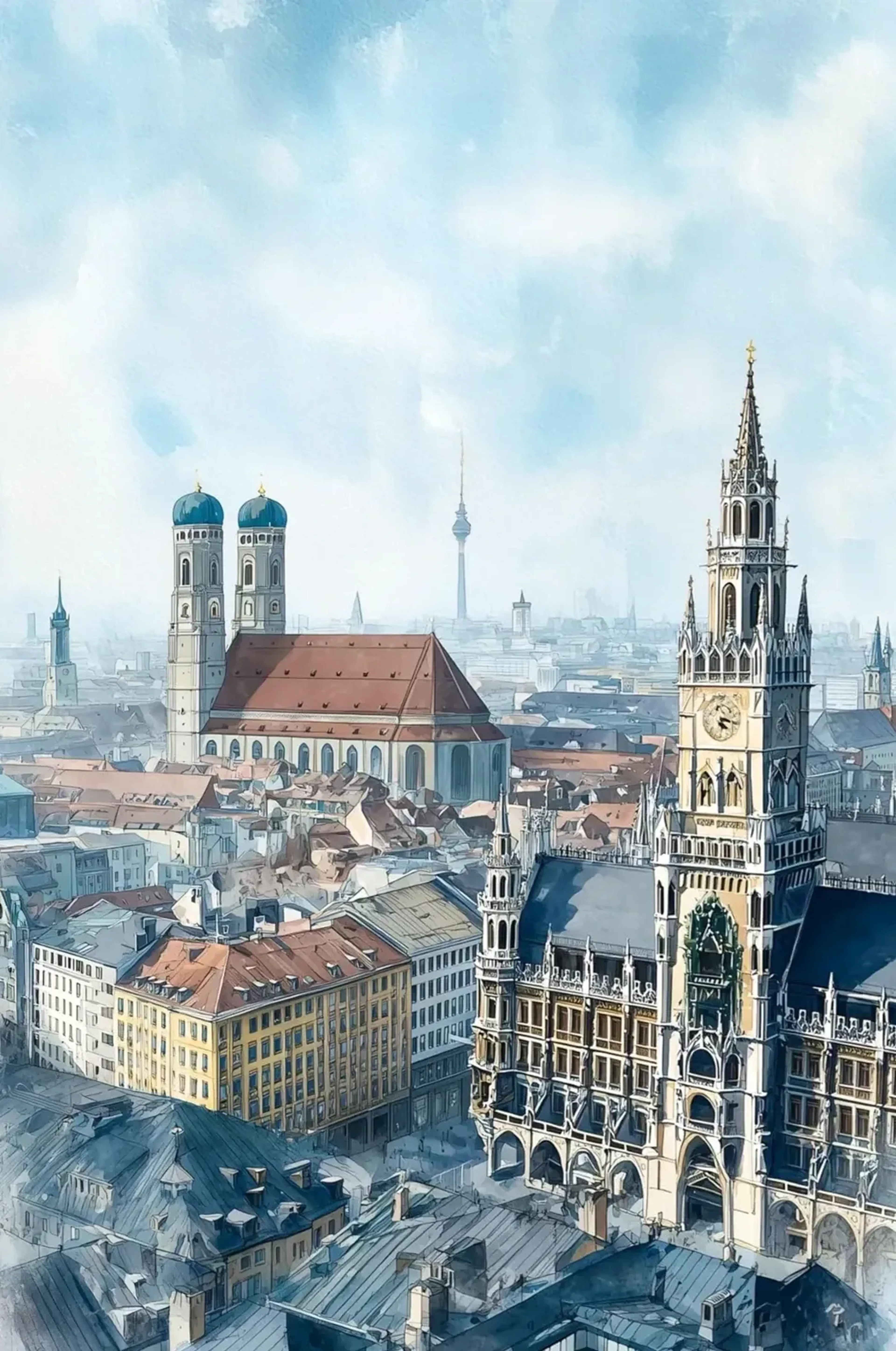 Münchner Dächer mit Frauenkirche und Rathausturm unter einem hellblauen, wolkigen Himmel.