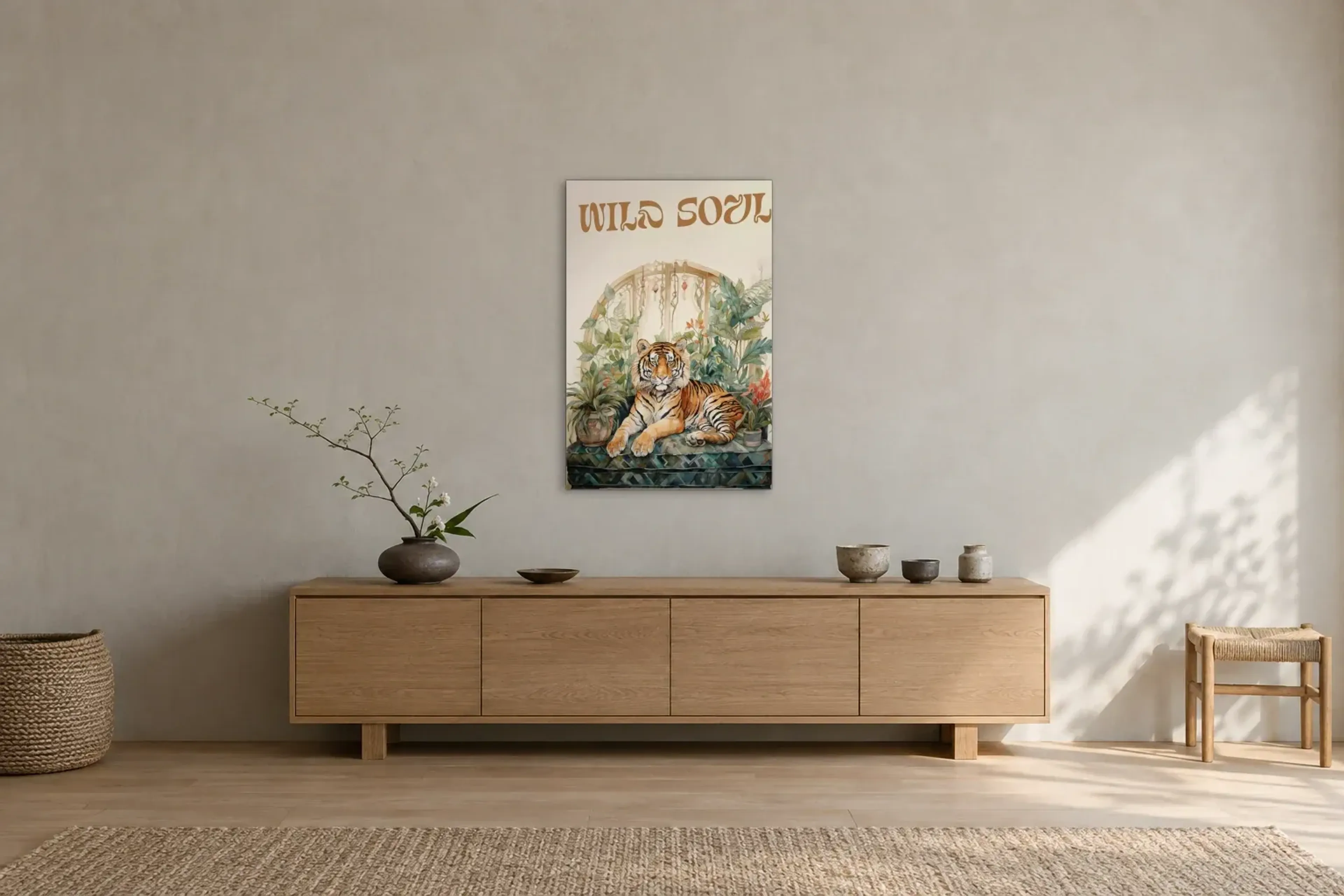 Tiger Wild Soul als Wandbild über einem 180-cm-Sideboard