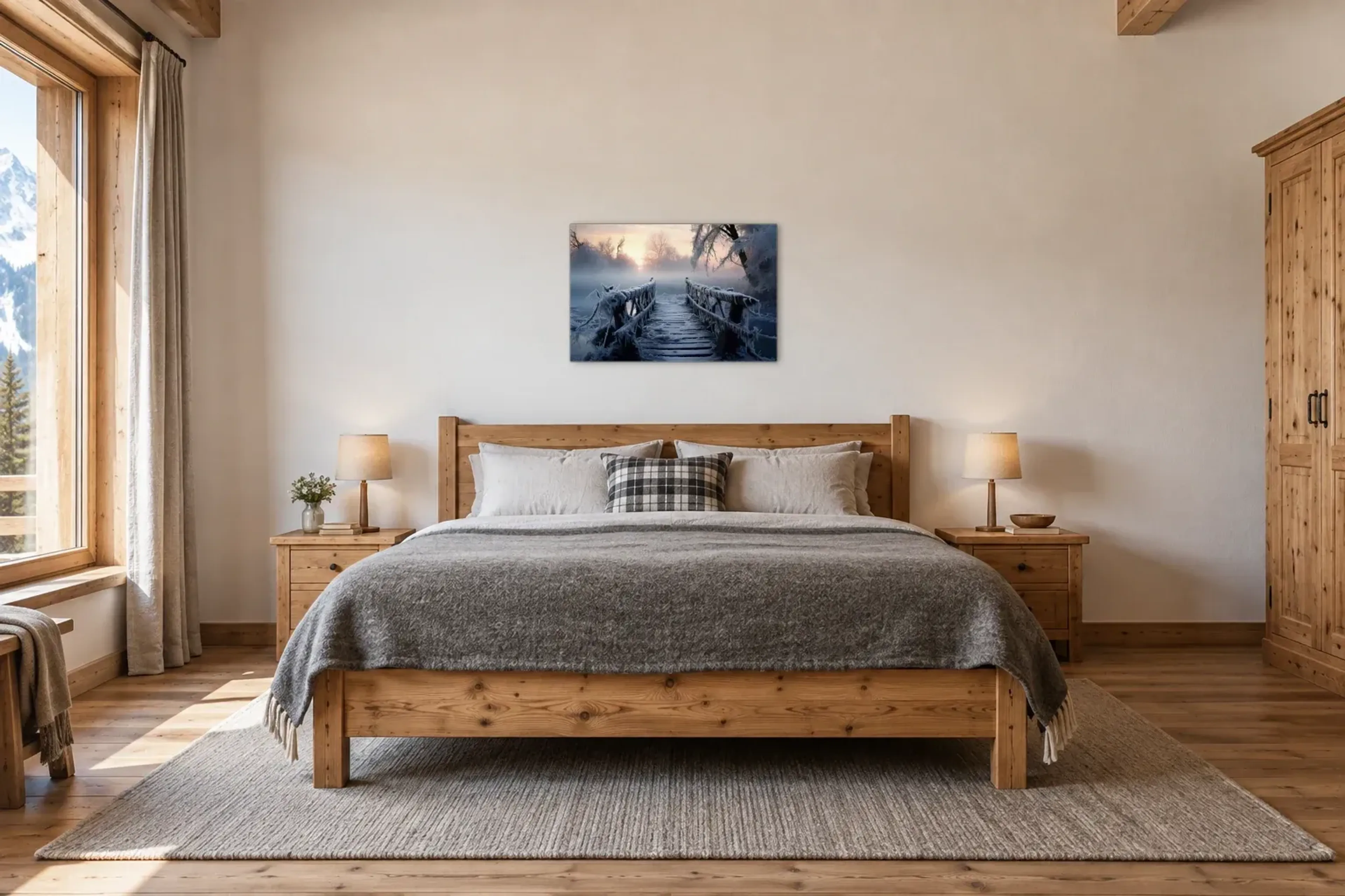 Eissteg als Wandbild über einem 180-cm-Bett