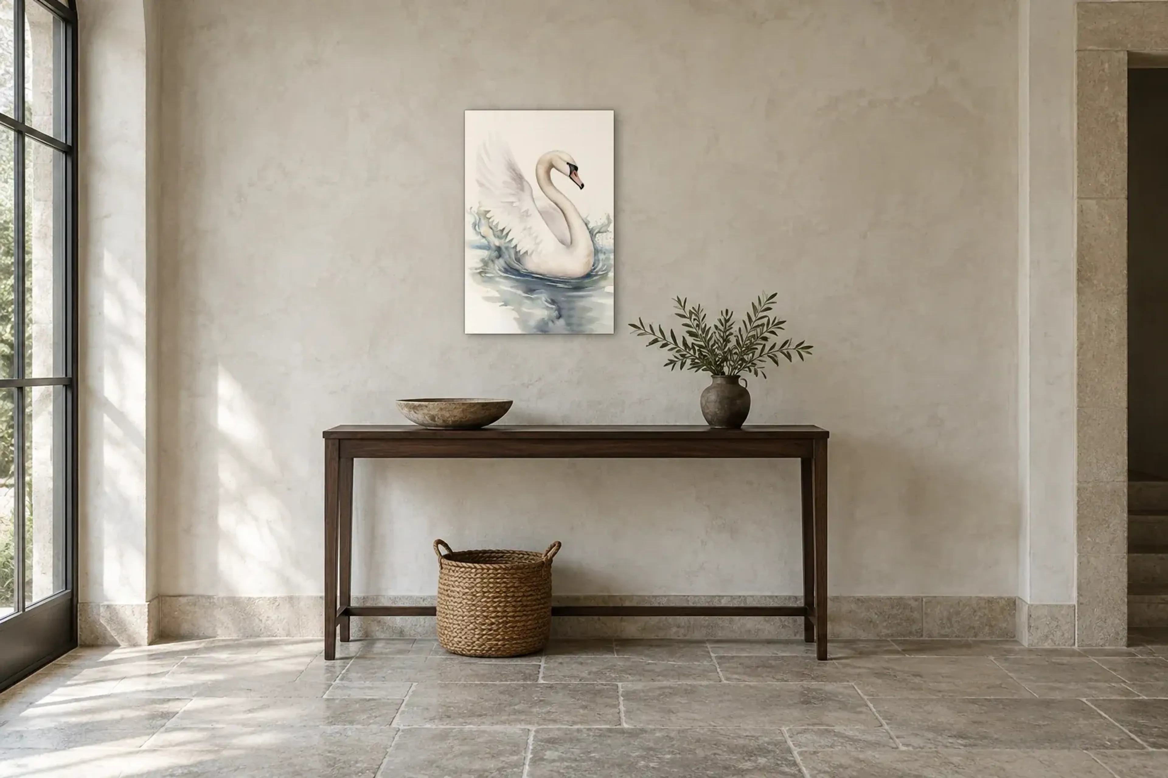 Schwan mit geöffneten Flügeln als Wandbild über einer 120-cm-Konsole