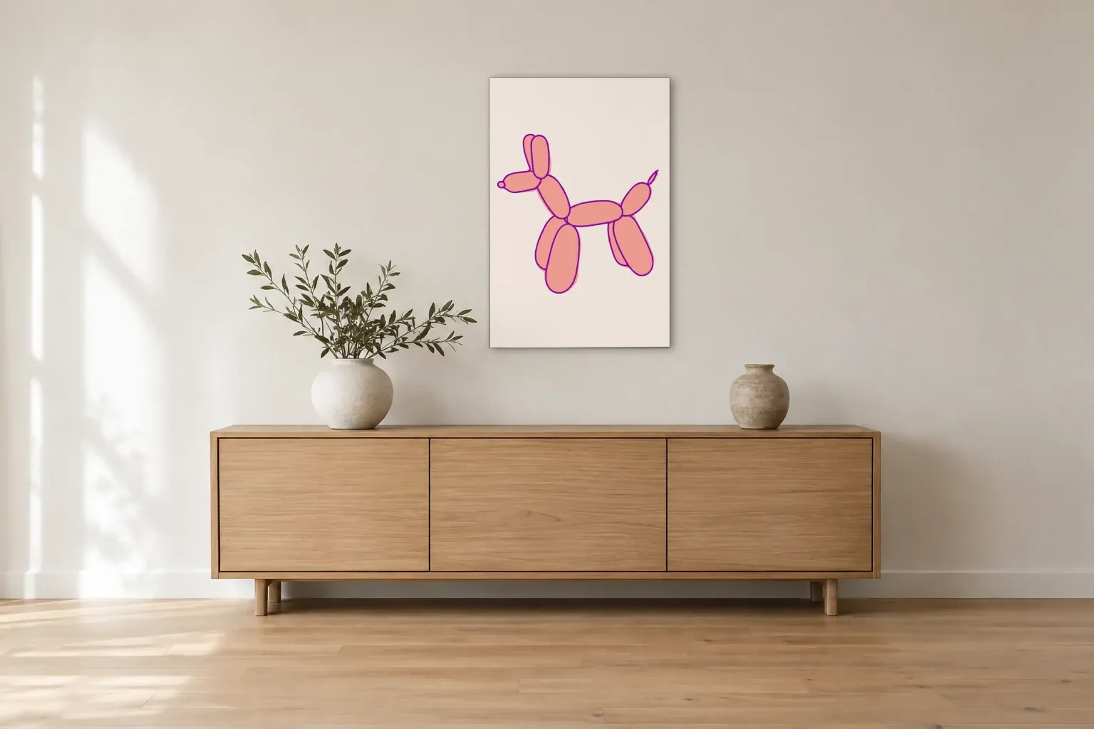 Ballonhund in Rosa als Wandbild über einem 180-cm-Sideboard