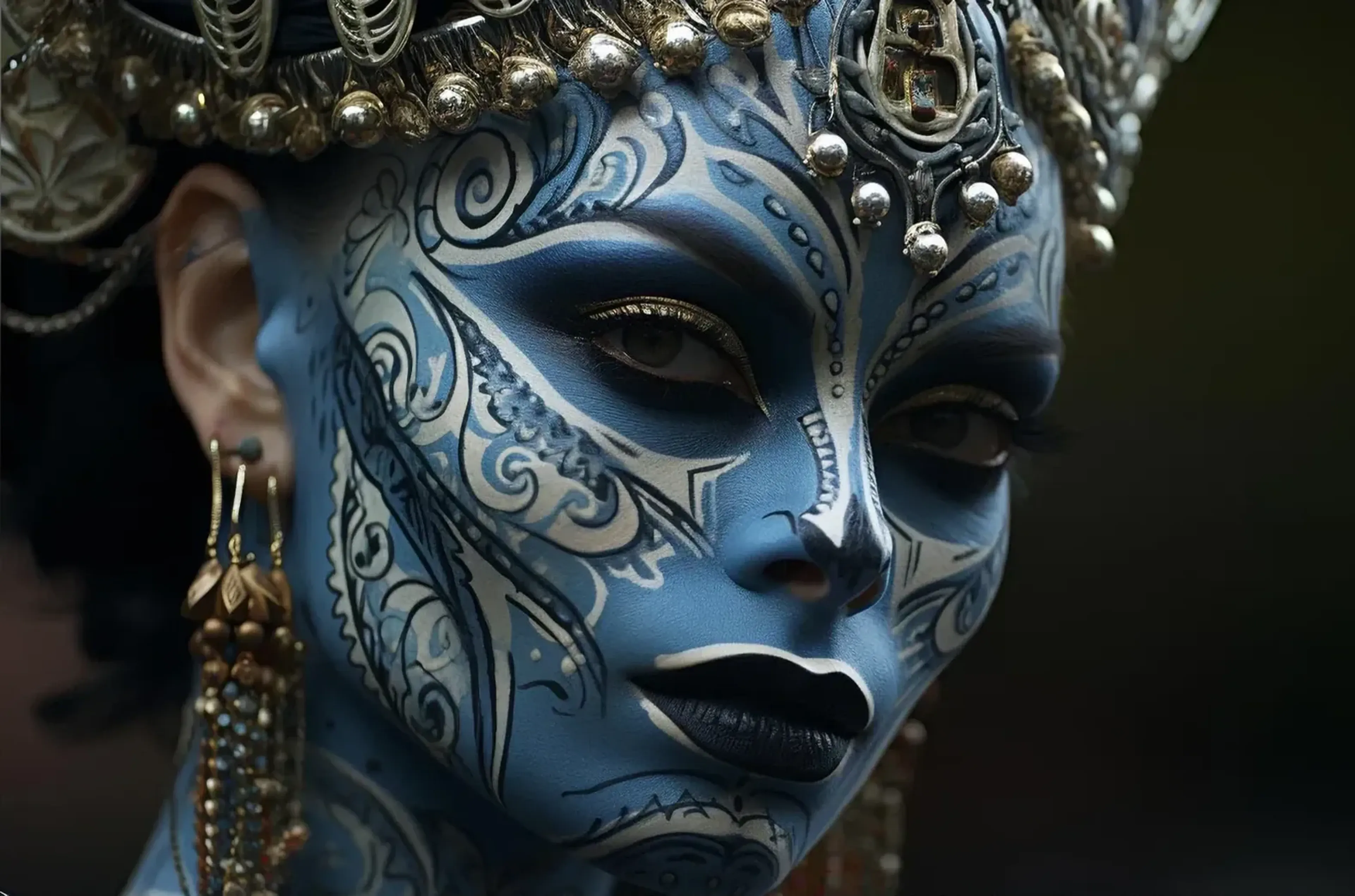 Blau bemaltes Gesicht mit hellen Ornamenten, dunklen Lippen und aufwendigem silberfarbenem Kopfschmuck.
