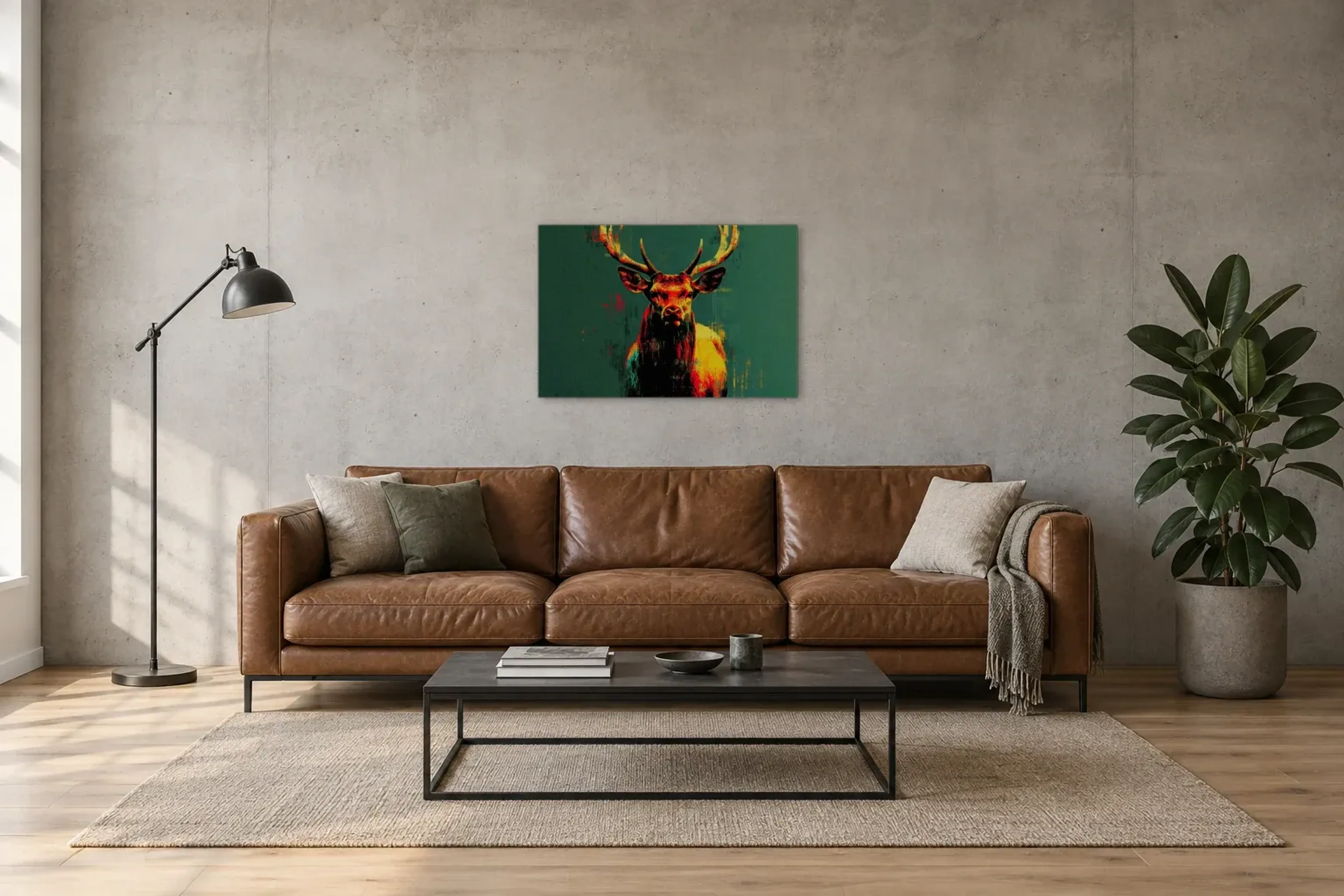 Hirsch vor Dunkelgrün als Wandbild über einem 220-cm-Sofa