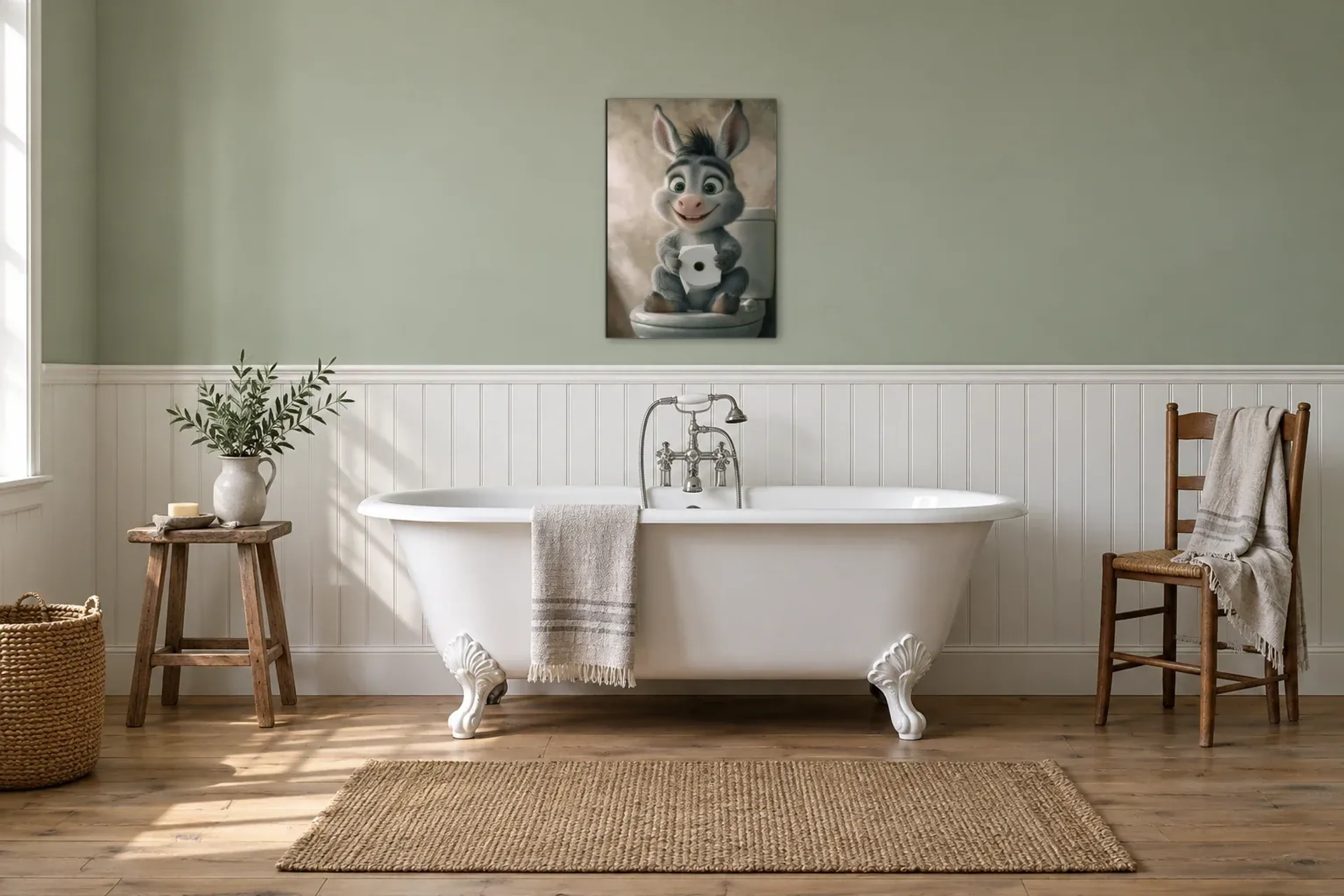 Esel mit Papierrolle als Wandbild über einer 170-cm-Badewanne