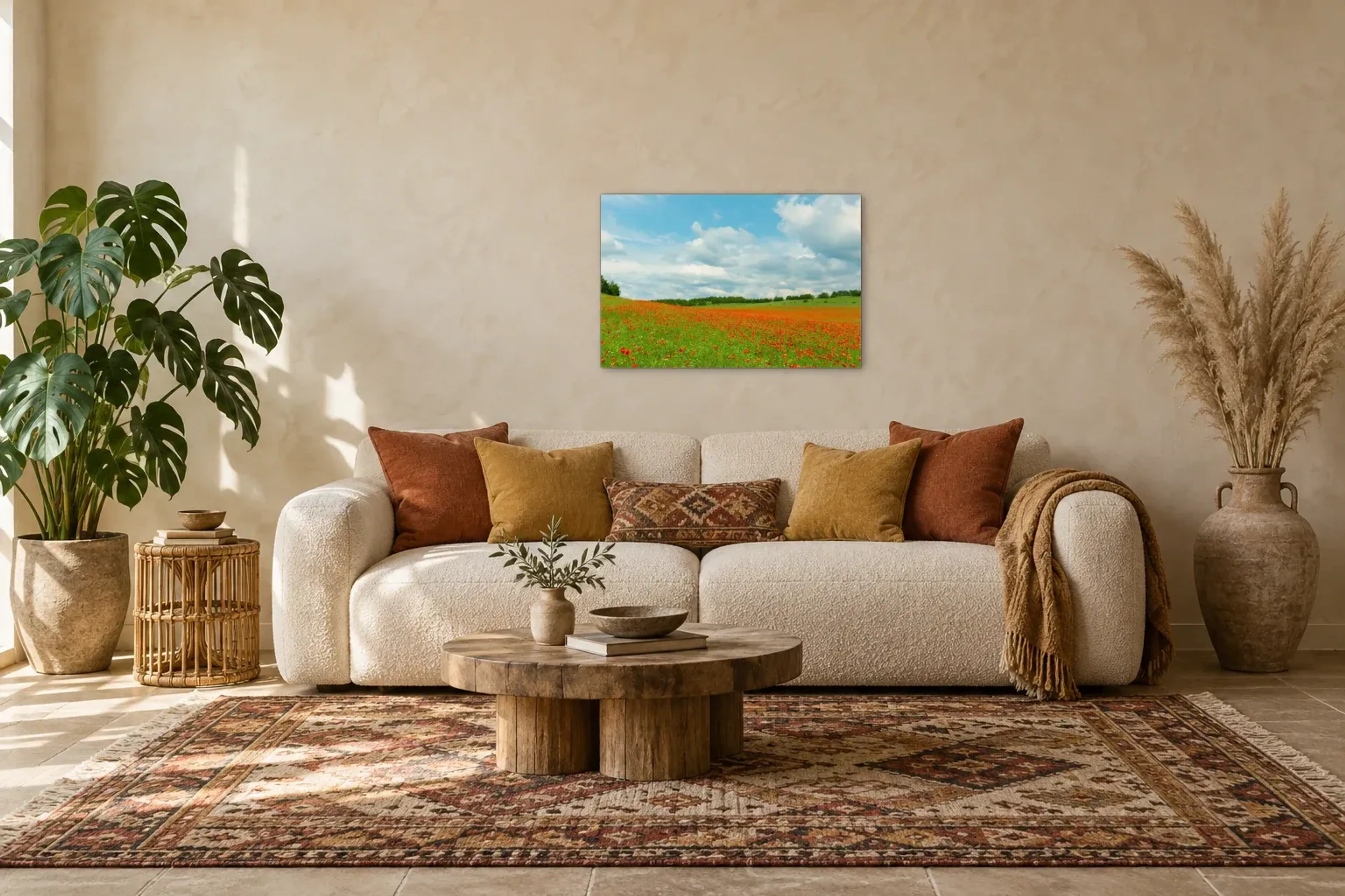 Weite Mohnwiese als Wandbild über einem 220-cm-Sofa