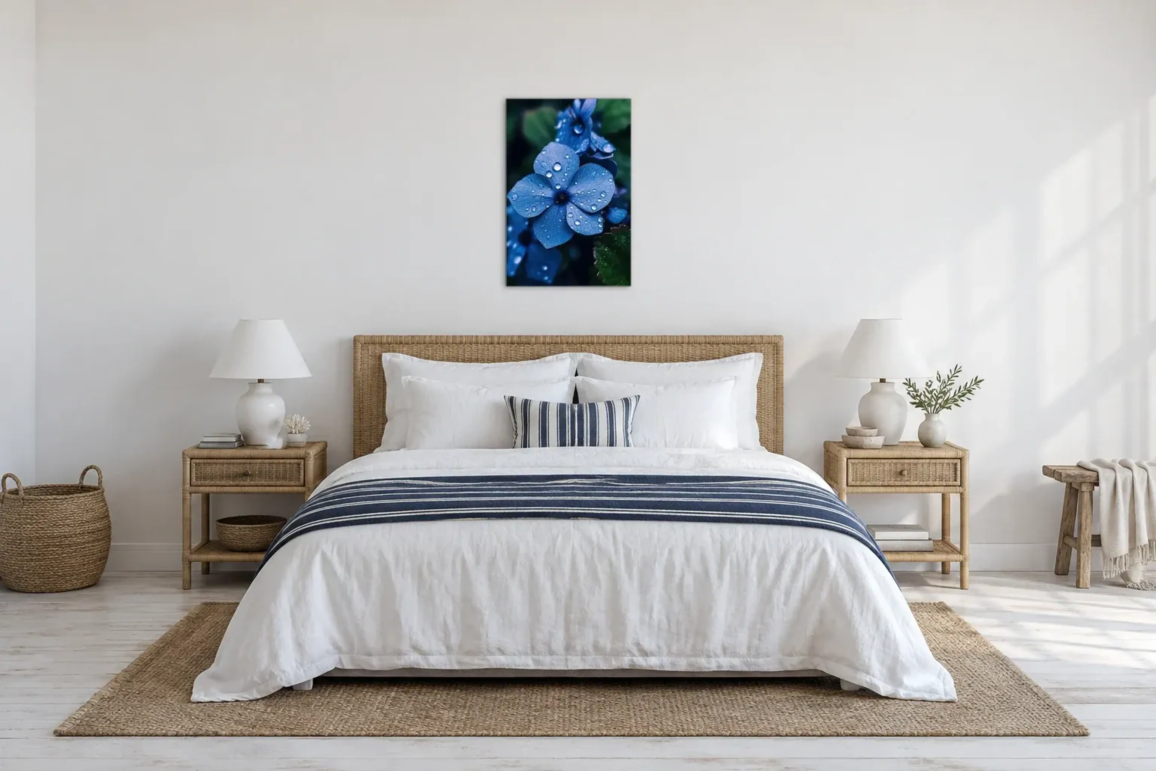 Blaue Blüte als Wandbild über einem 180-cm-Bett