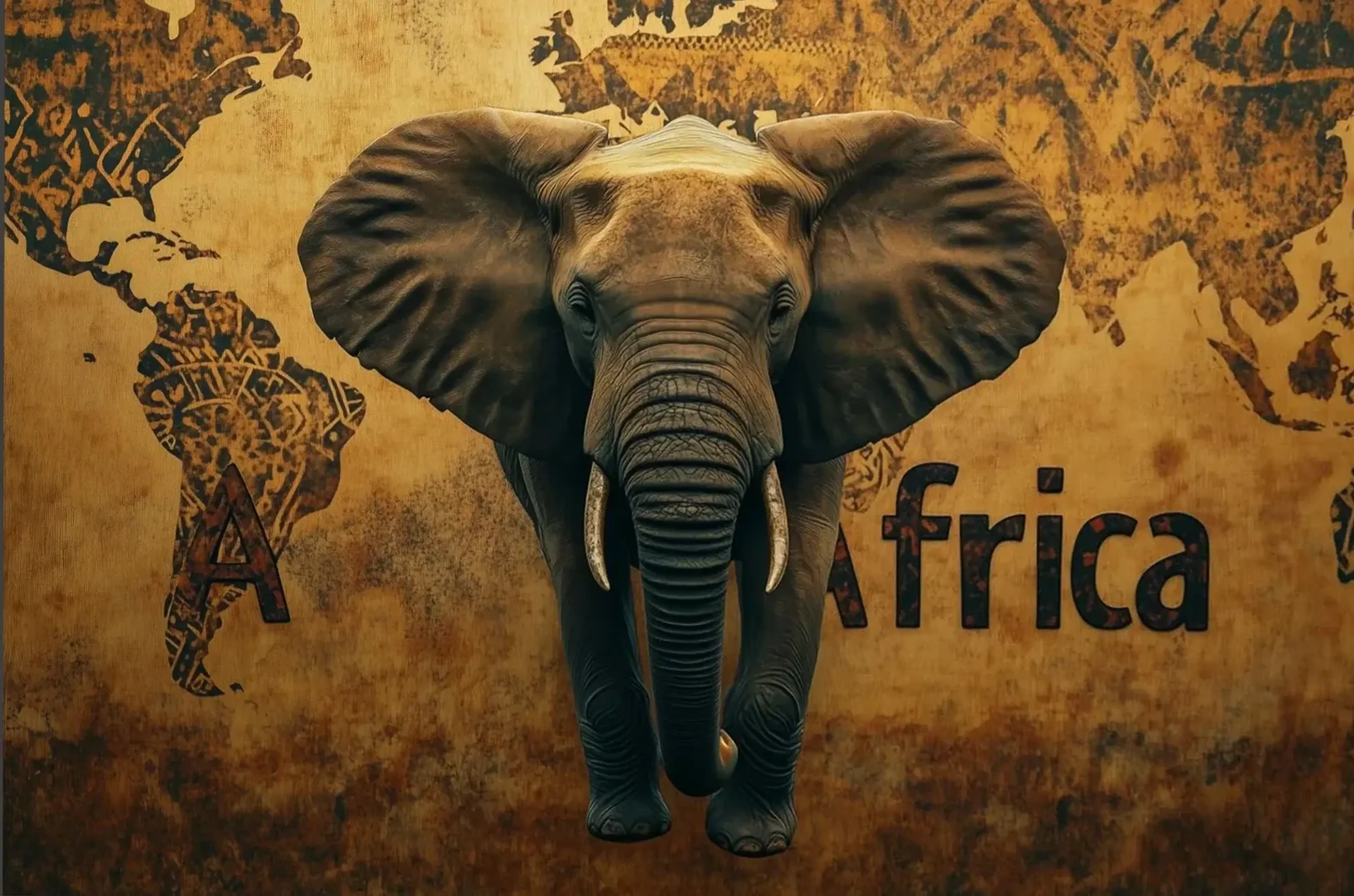 Ein Elefant mit ausgebreiteten Ohren vor einer ockerfarbenen Weltkarte und dem teilweise verdeckten Schriftzug Africa.