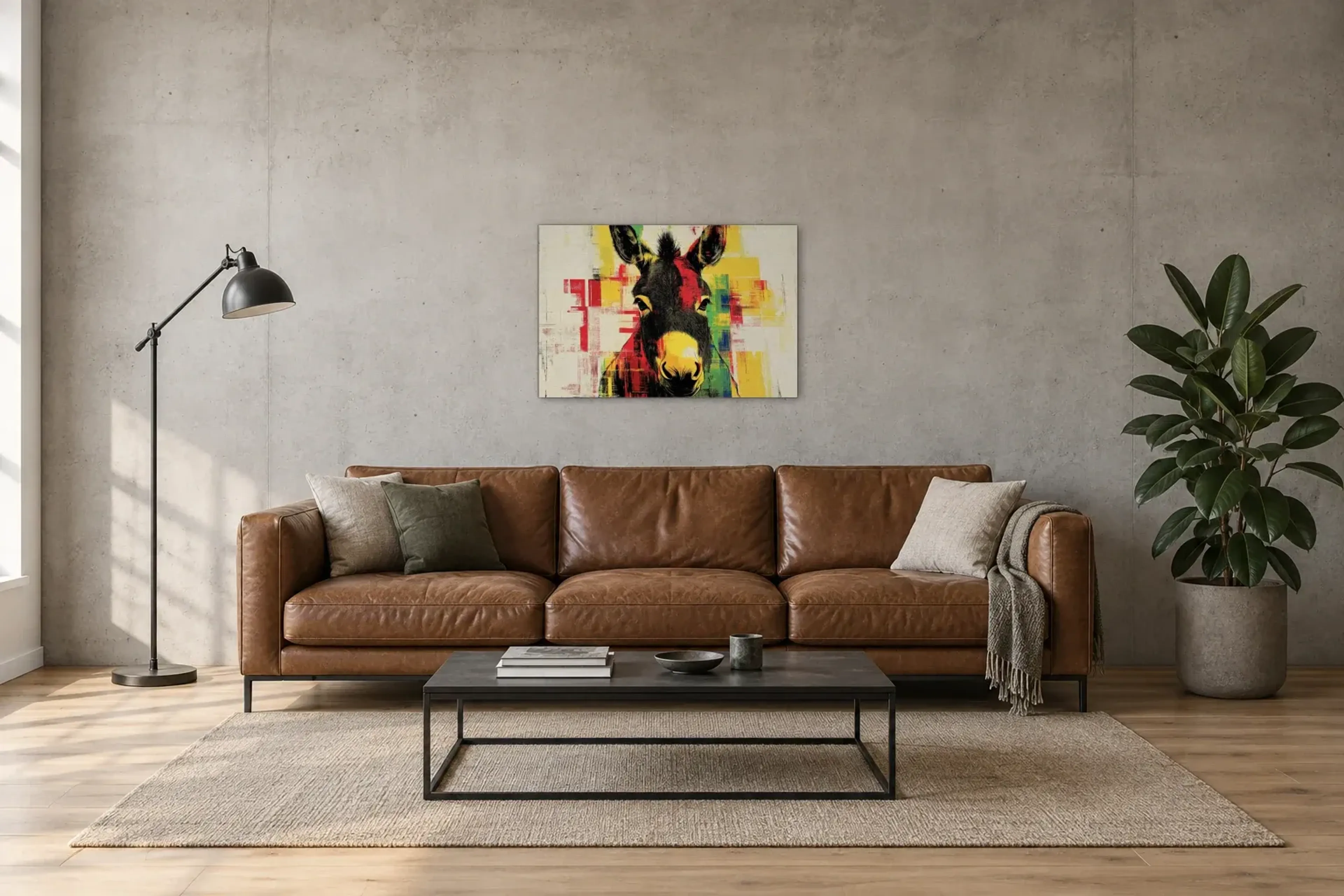 Esel in bunten Flächen als Wandbild über einem 220-cm-Sofa