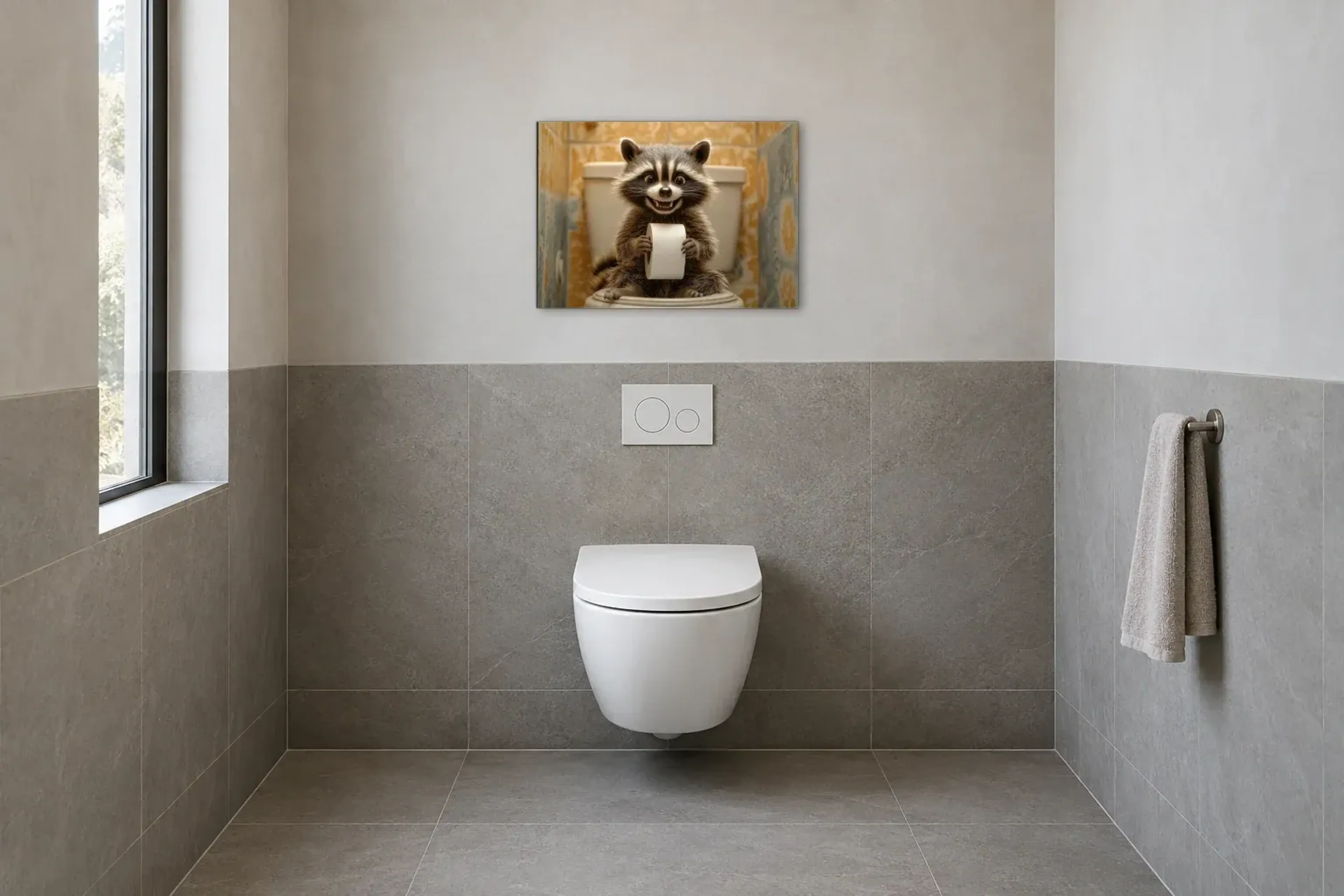 Waschbär mit breitem Grinsen als Wandbild im Gäste-WC