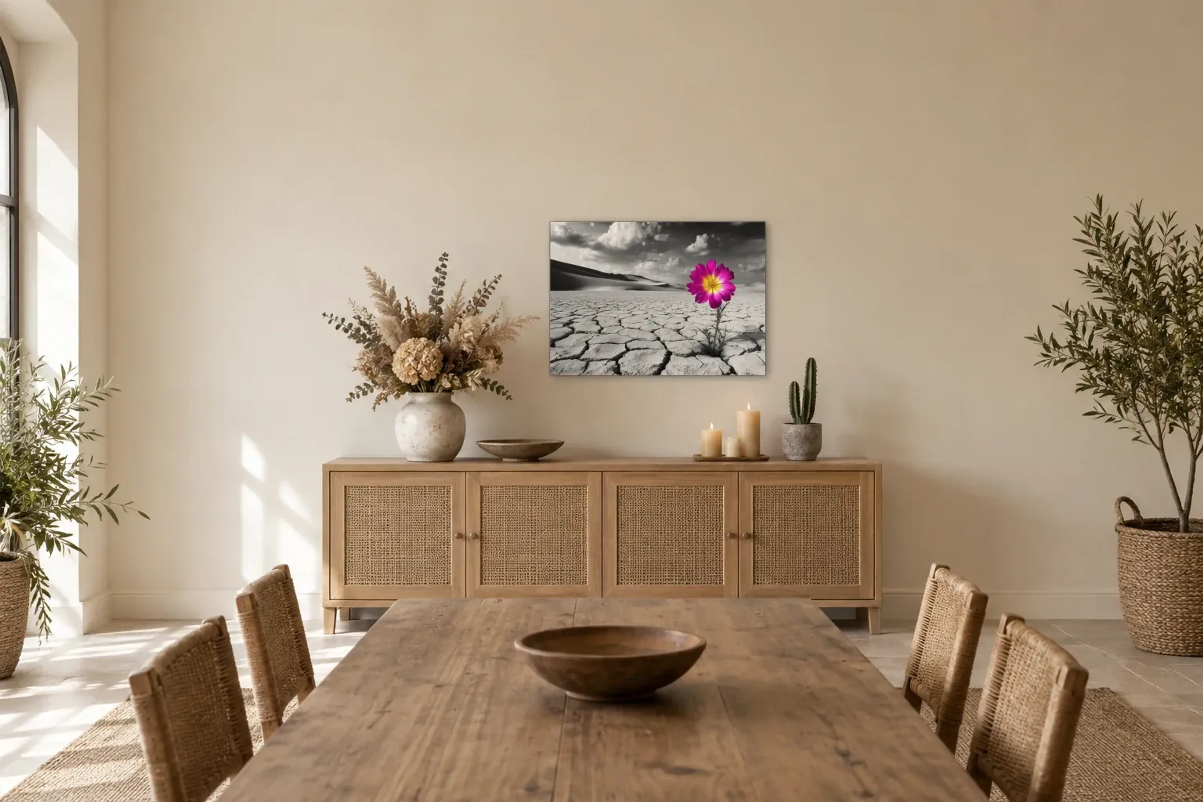 Blüte in der Wüste als Wandbild über einem 160-cm-Sideboard