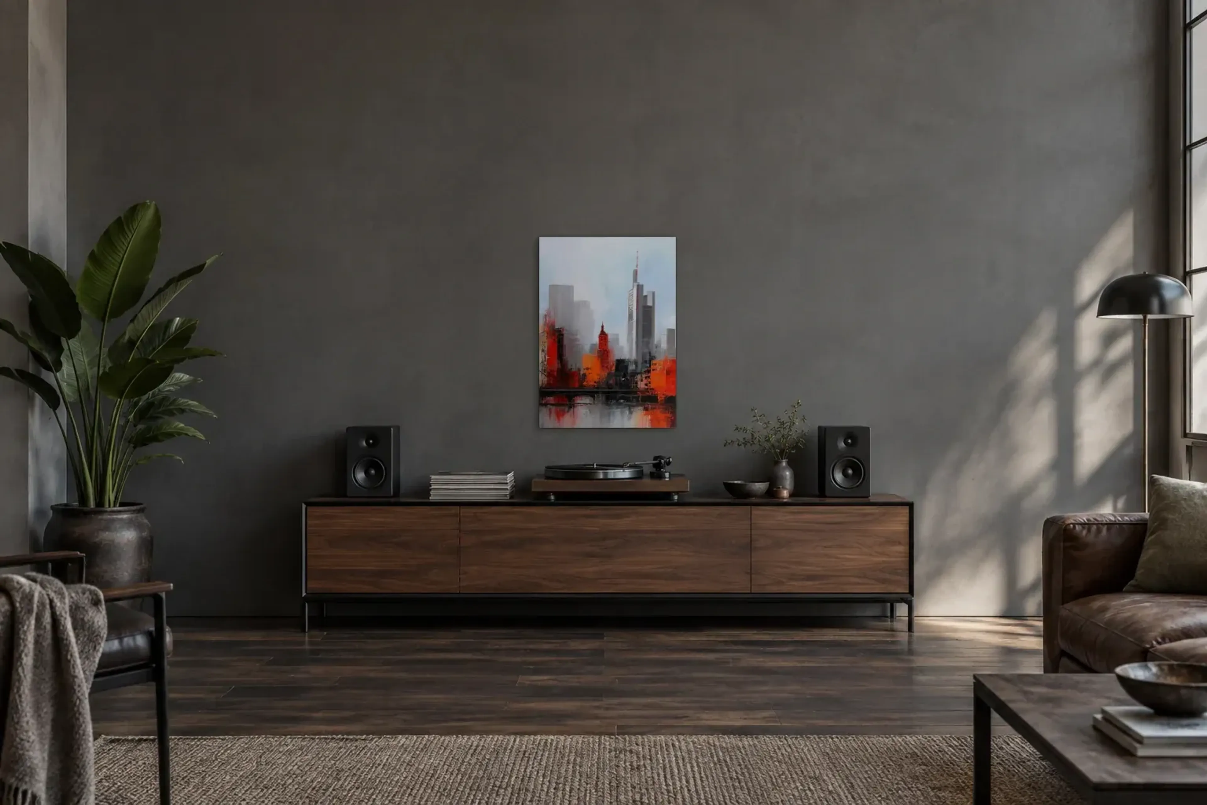 Frankfurt in Rot als Wandbild über einem 200-cm-Sideboard