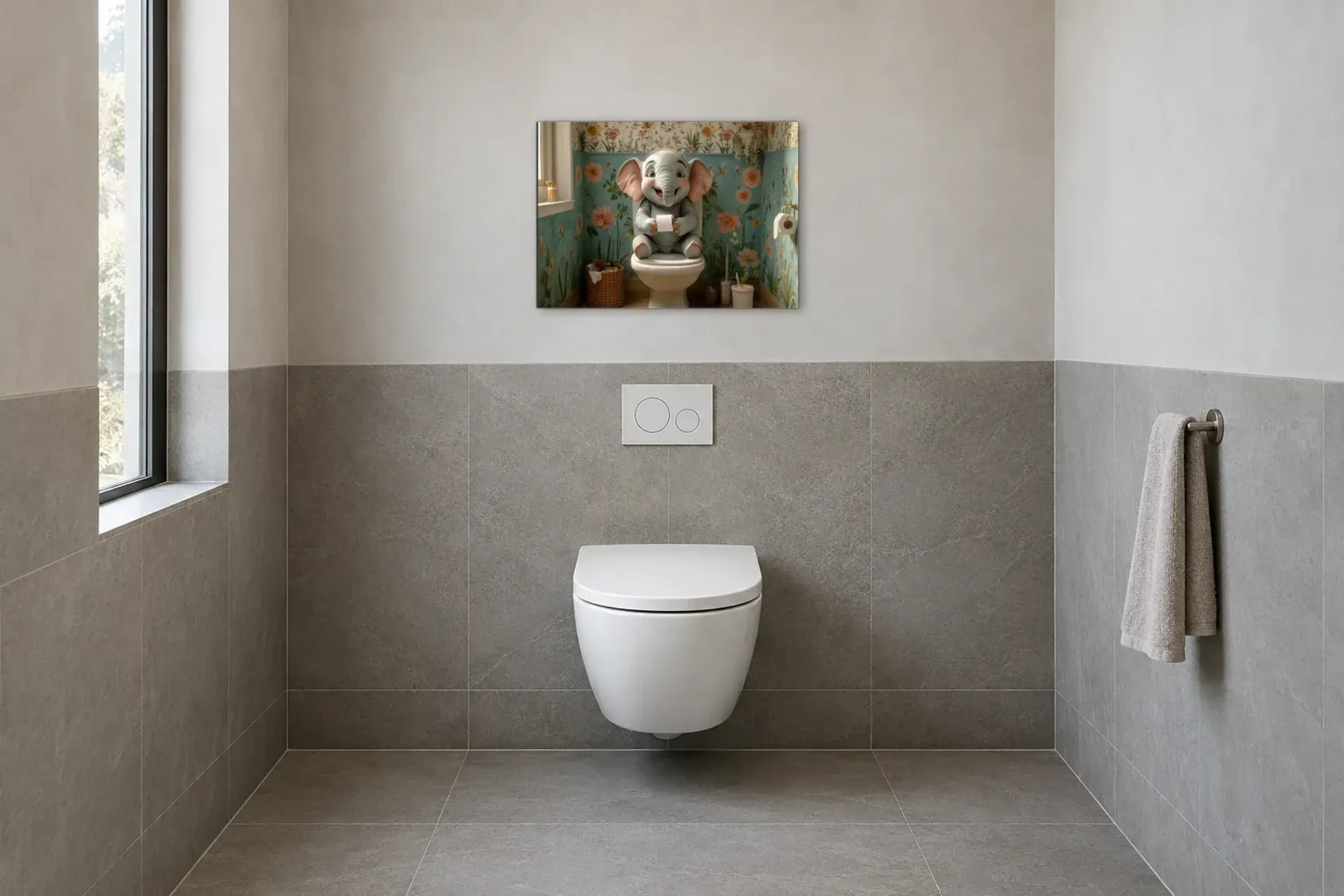 Elefantenkind im Blumenbad als Wandbild im Gäste-WC