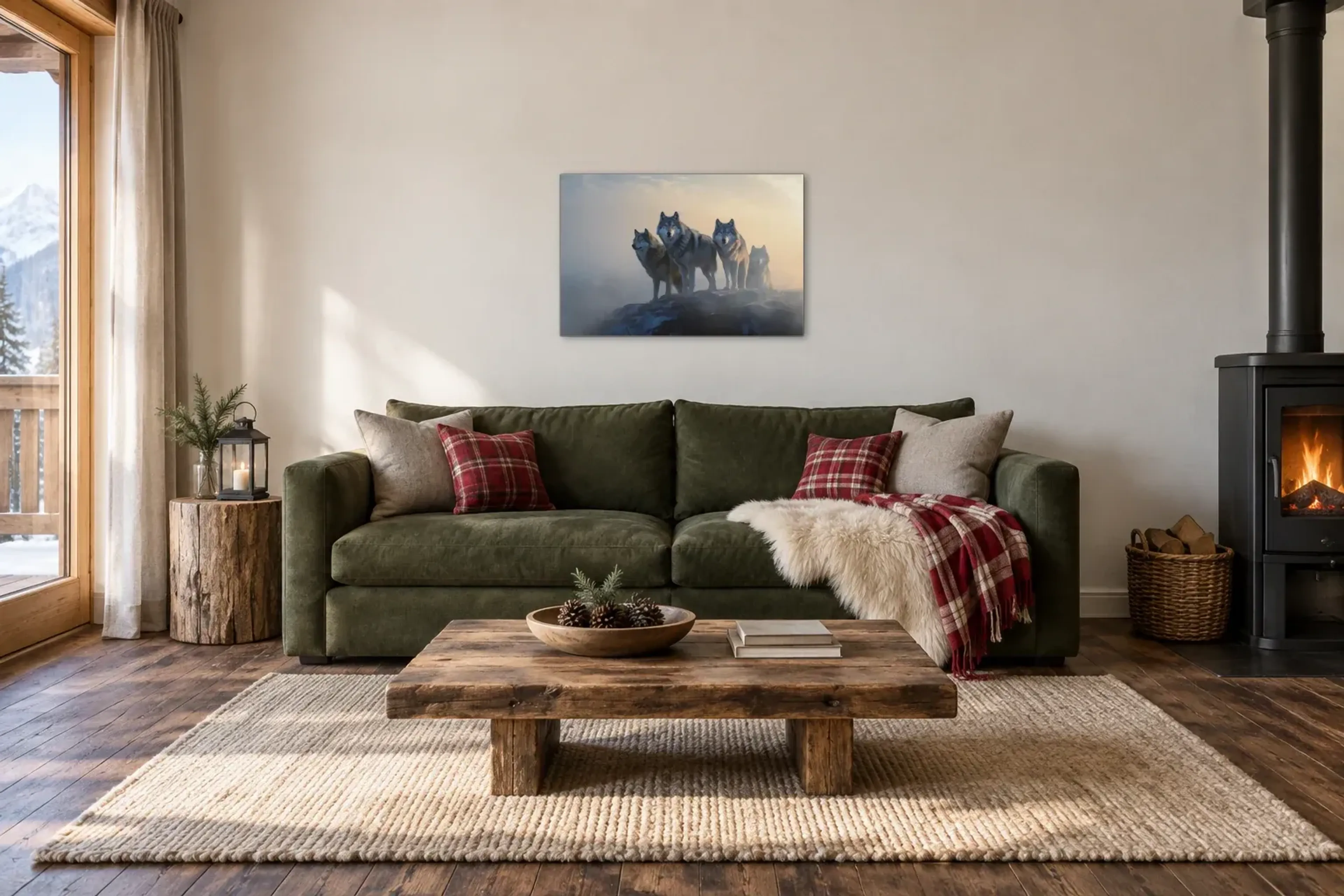 Wolfsrudel auf Felsen als Wandbild über einem 220-cm-Sofa