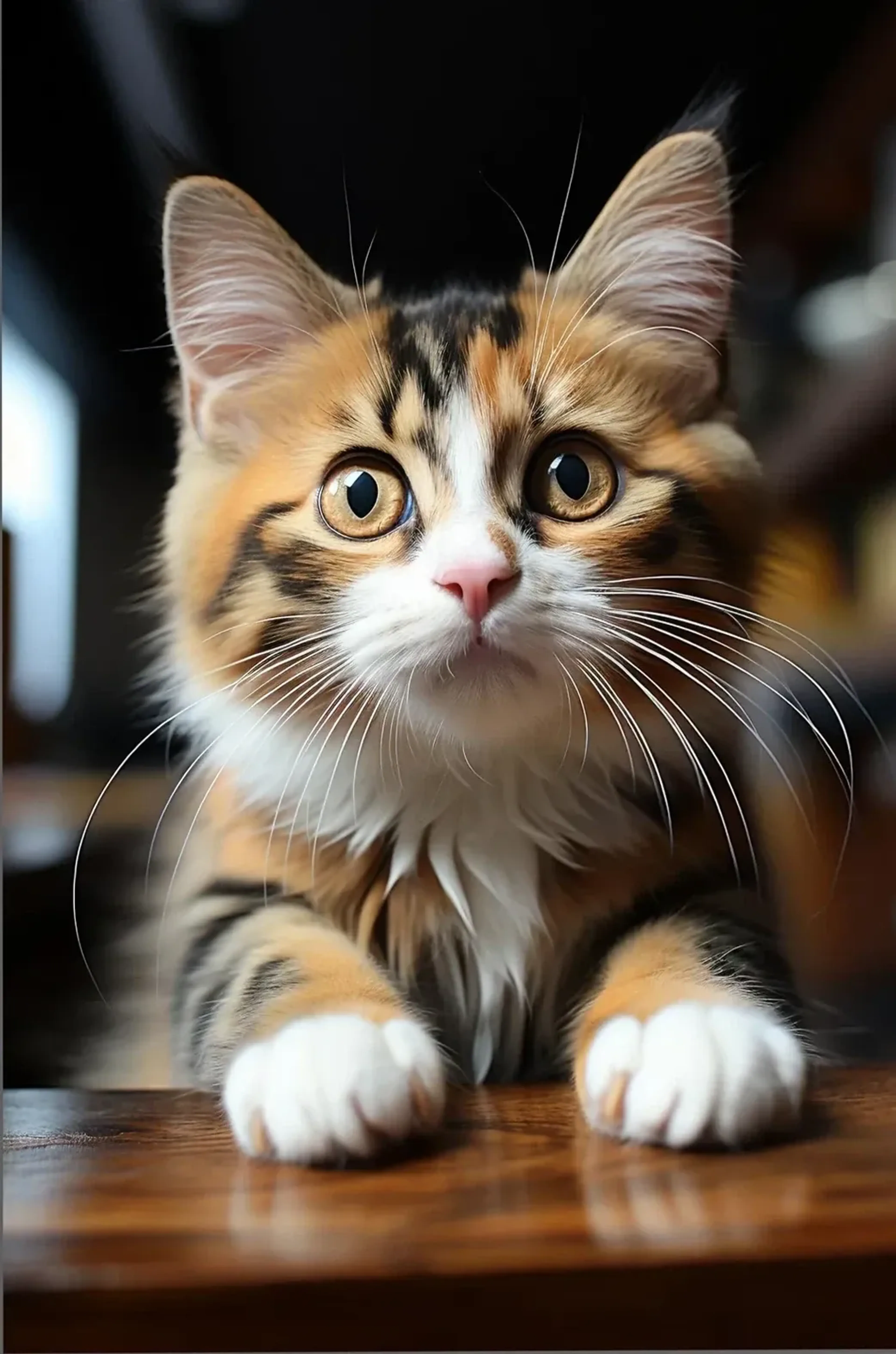 Junge dreifarbige Katze mit großen Augen, rosa Nase und weißen Vorderpfoten auf einer Holzfläche.
