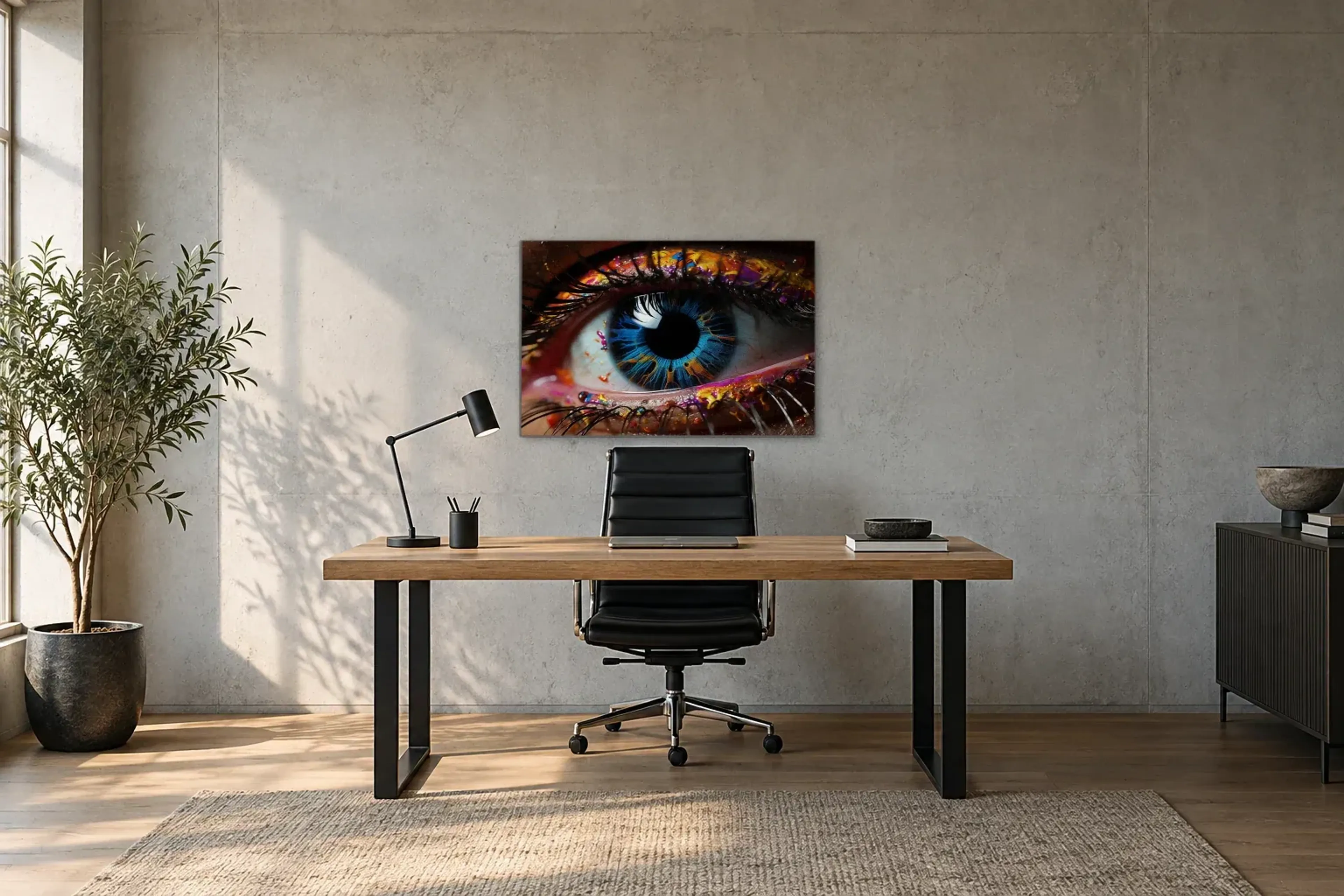 Buntes Auge als Wandbild über einem 160-cm-Schreibtisch