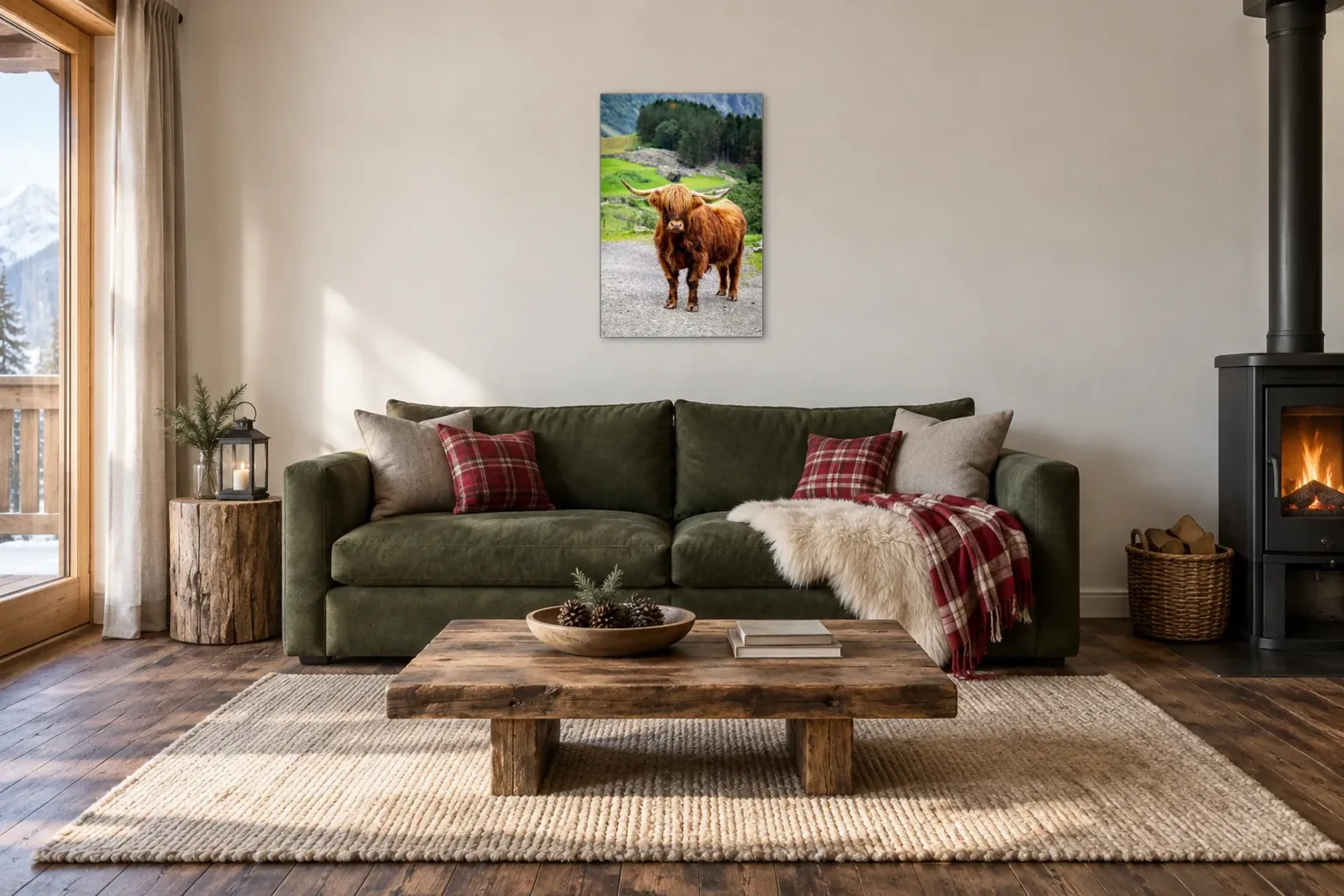 Hochlandrind auf dem Weg als Wandbild über einem 220-cm-Sofa
