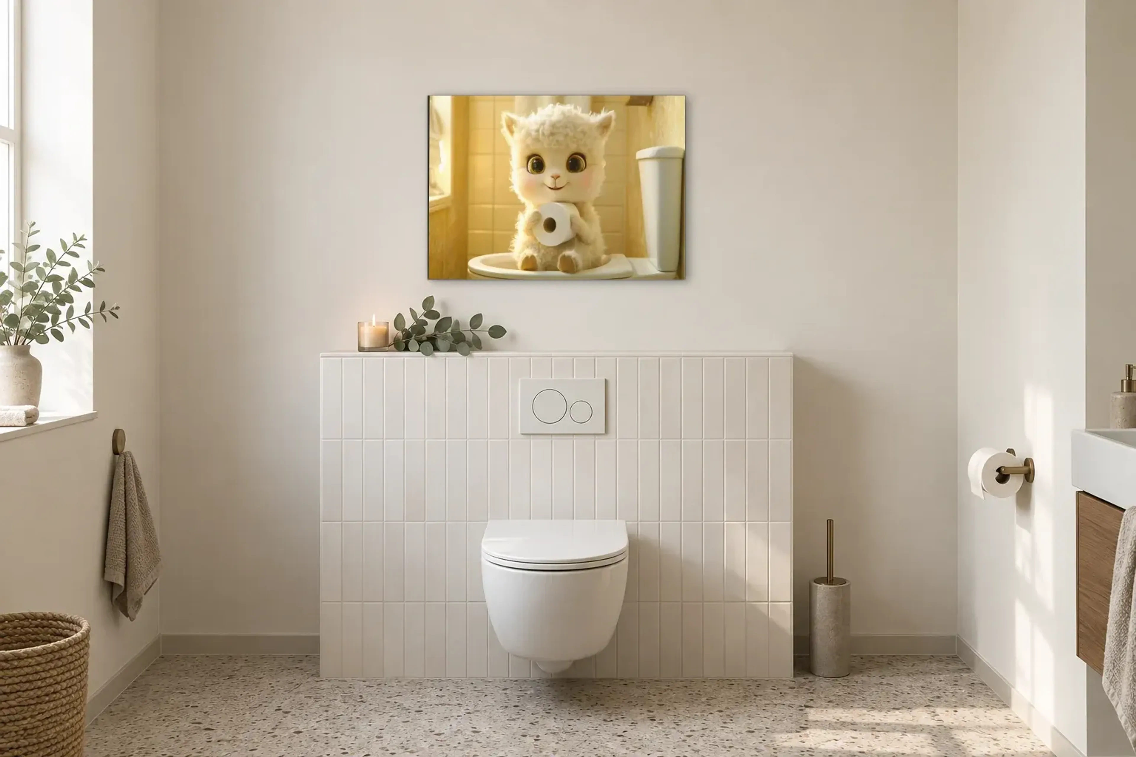 Alpaka im Sonnenlicht als Wandbild im Gäste-WC