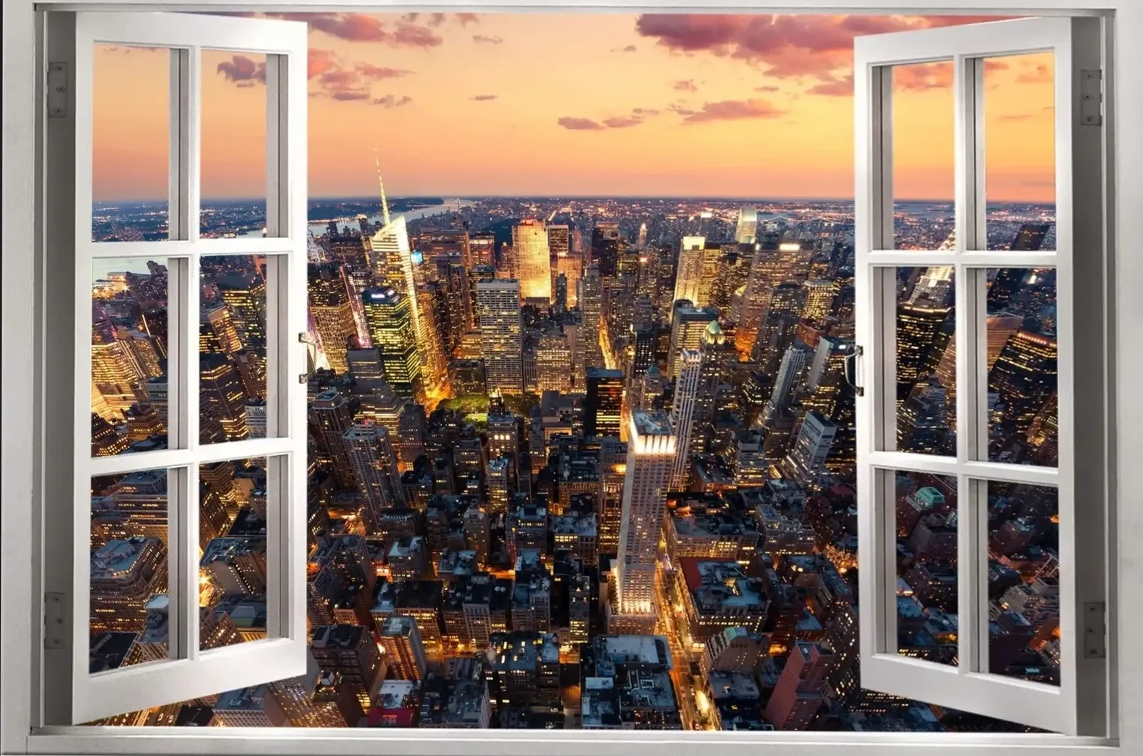 Ein offenes weißes Fenster zeigt New Yorks Hochhäuser und leuchtende Straßen unter orange-rosa Abendhimmel.
