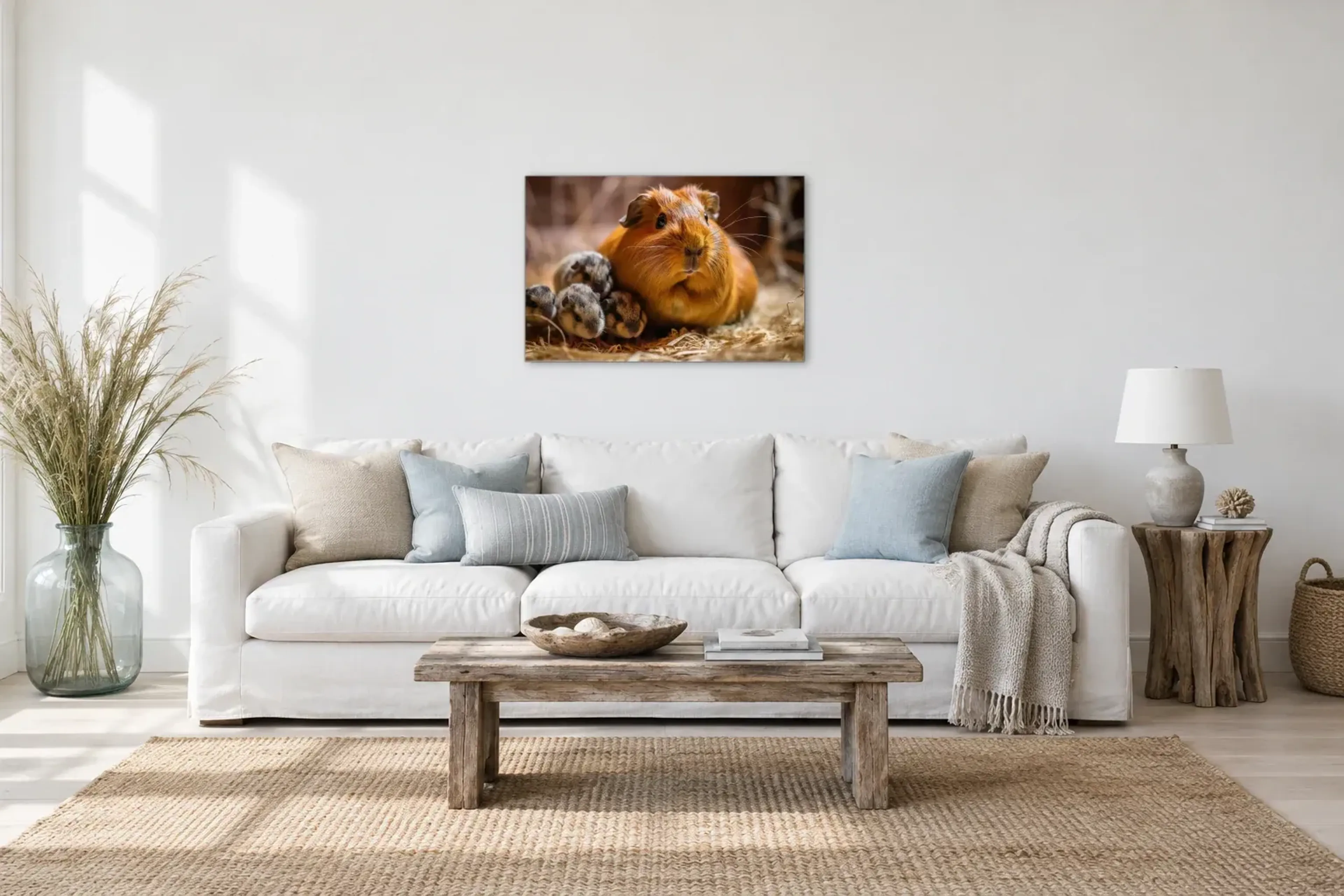Meerschweinchen mit Jungtieren als Wandbild über einem 220-cm-Sofa
