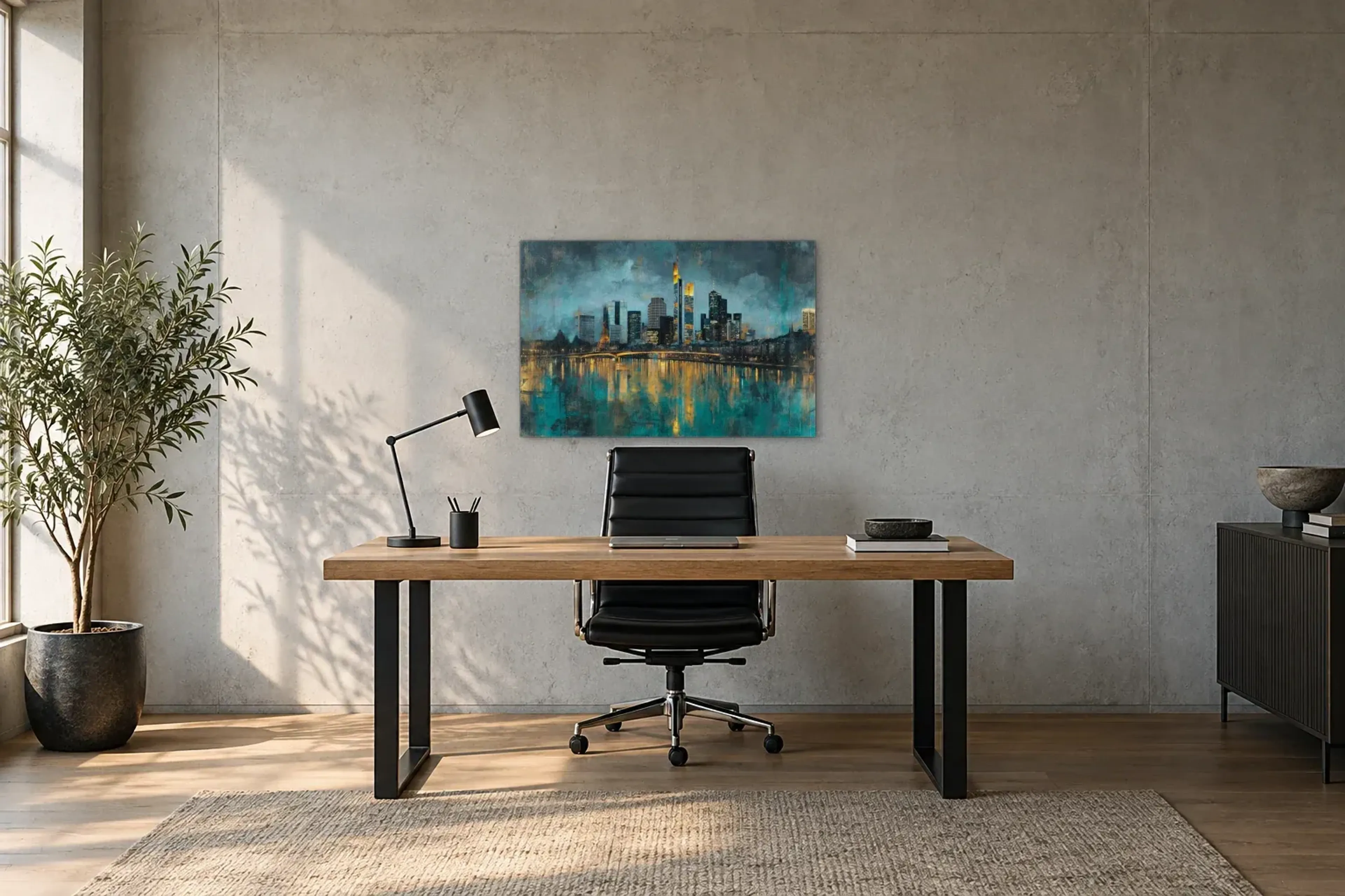 Frankfurt in Petrol und Gold als Wandbild über einem 160-cm-Schreibtisch