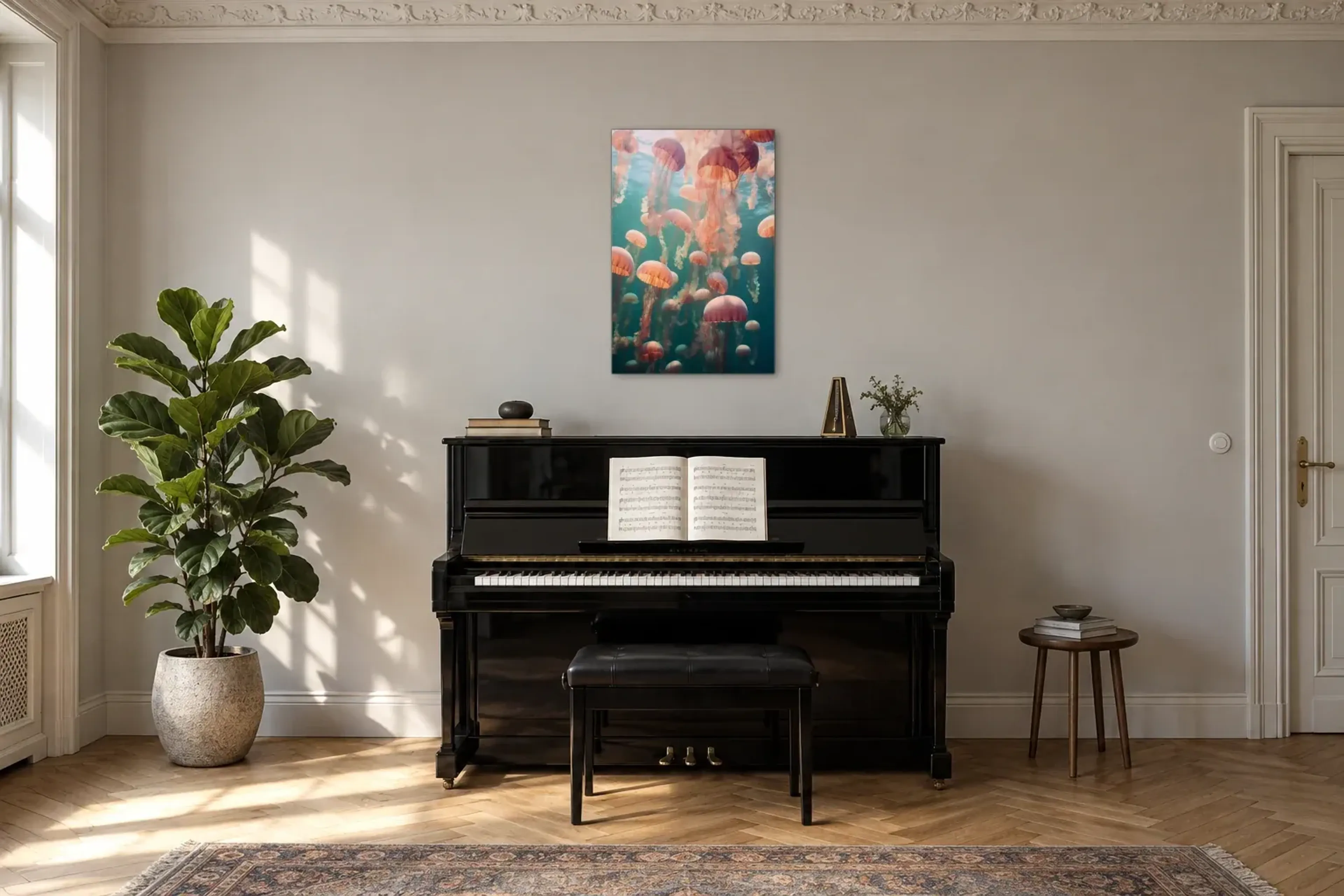 Rosa Quallen im Wasser als Wandbild über einem 150-cm-Klavier