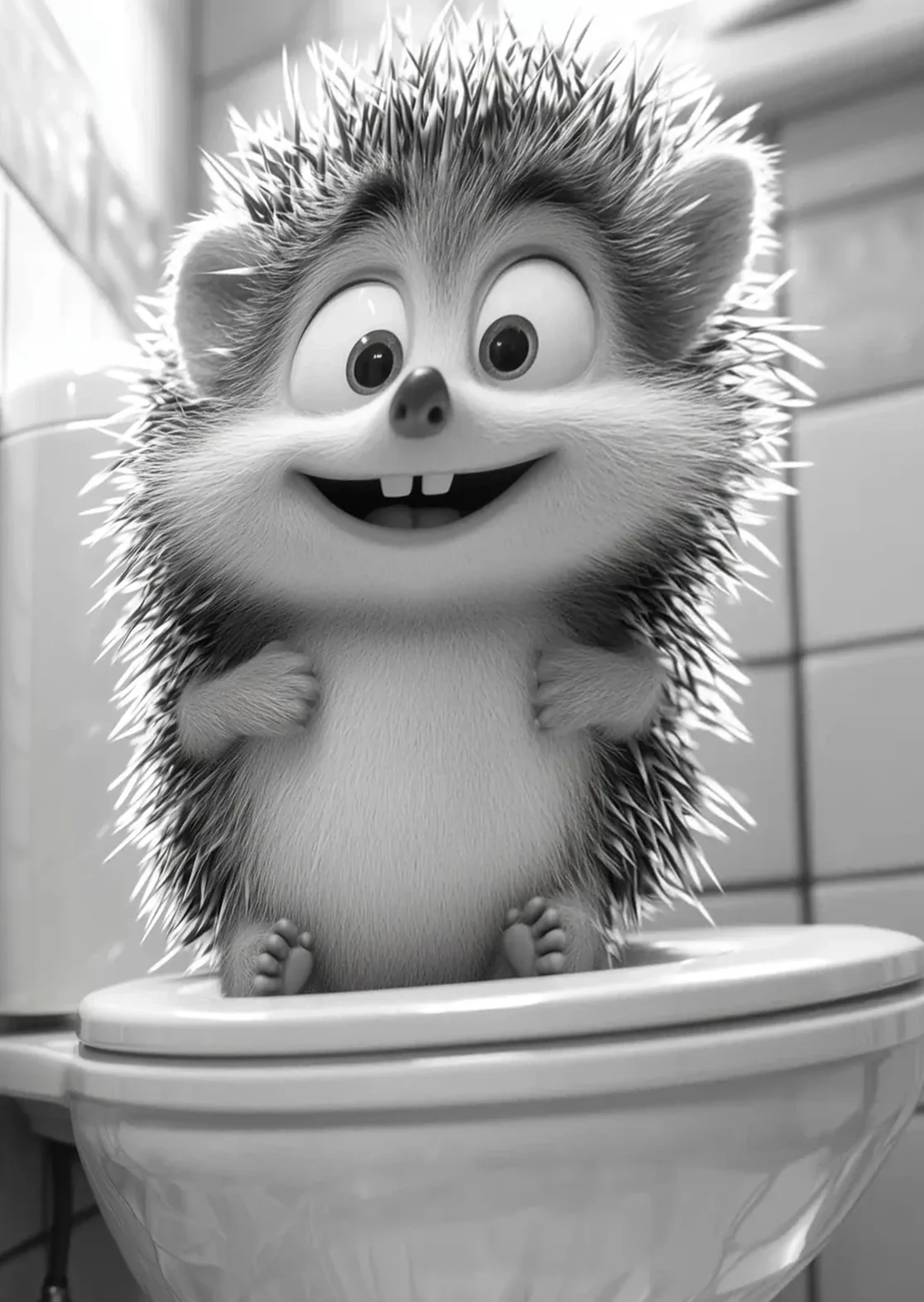 Ein lächelnder Igel mit großen Augen und zwei Vorderzähnen sitzt auf einer Toilettenbrille.