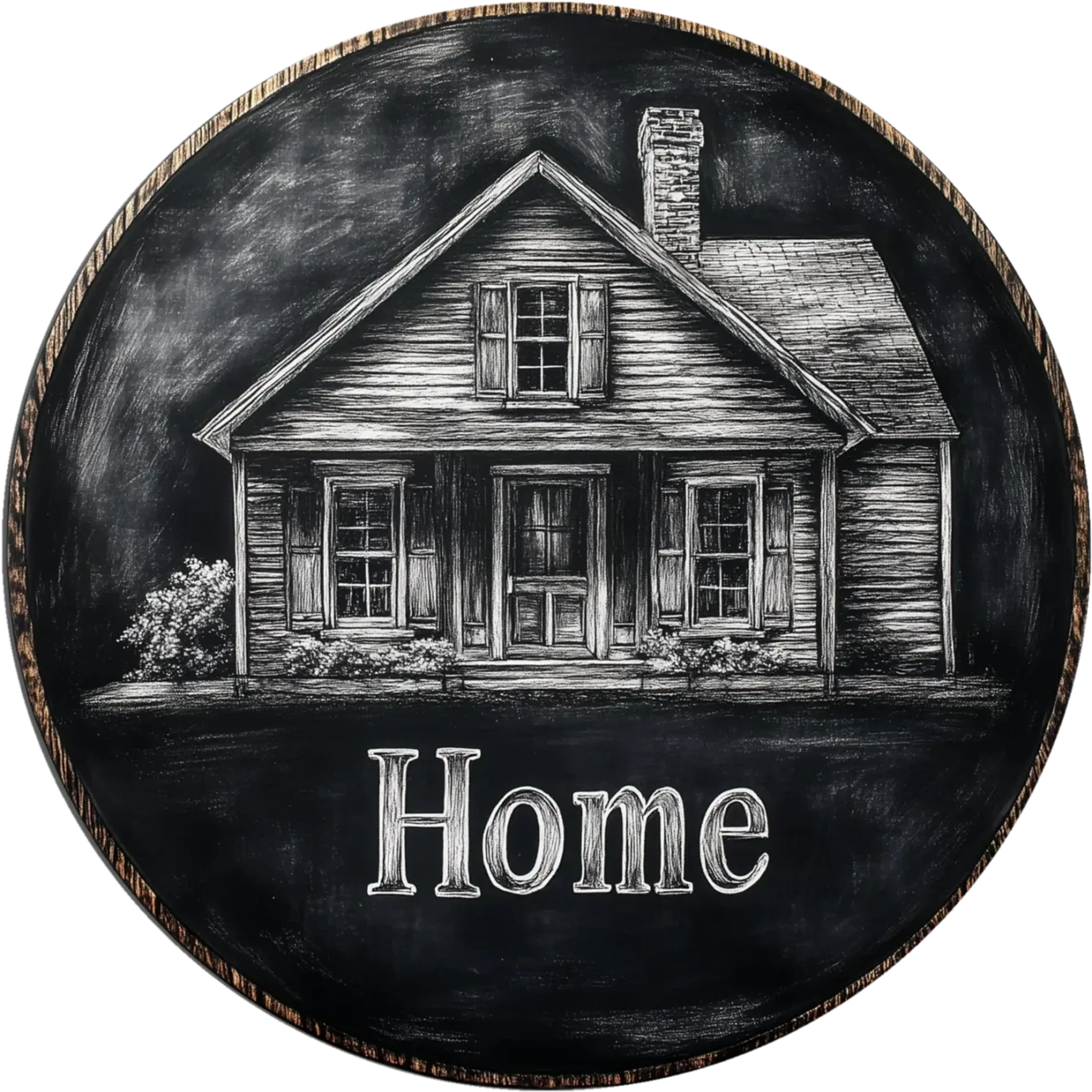 Haus mit Giebeldach, Schornstein und Fensterläden über dem Schriftzug „Home“, weiß-grau auf schwarzem Grund.