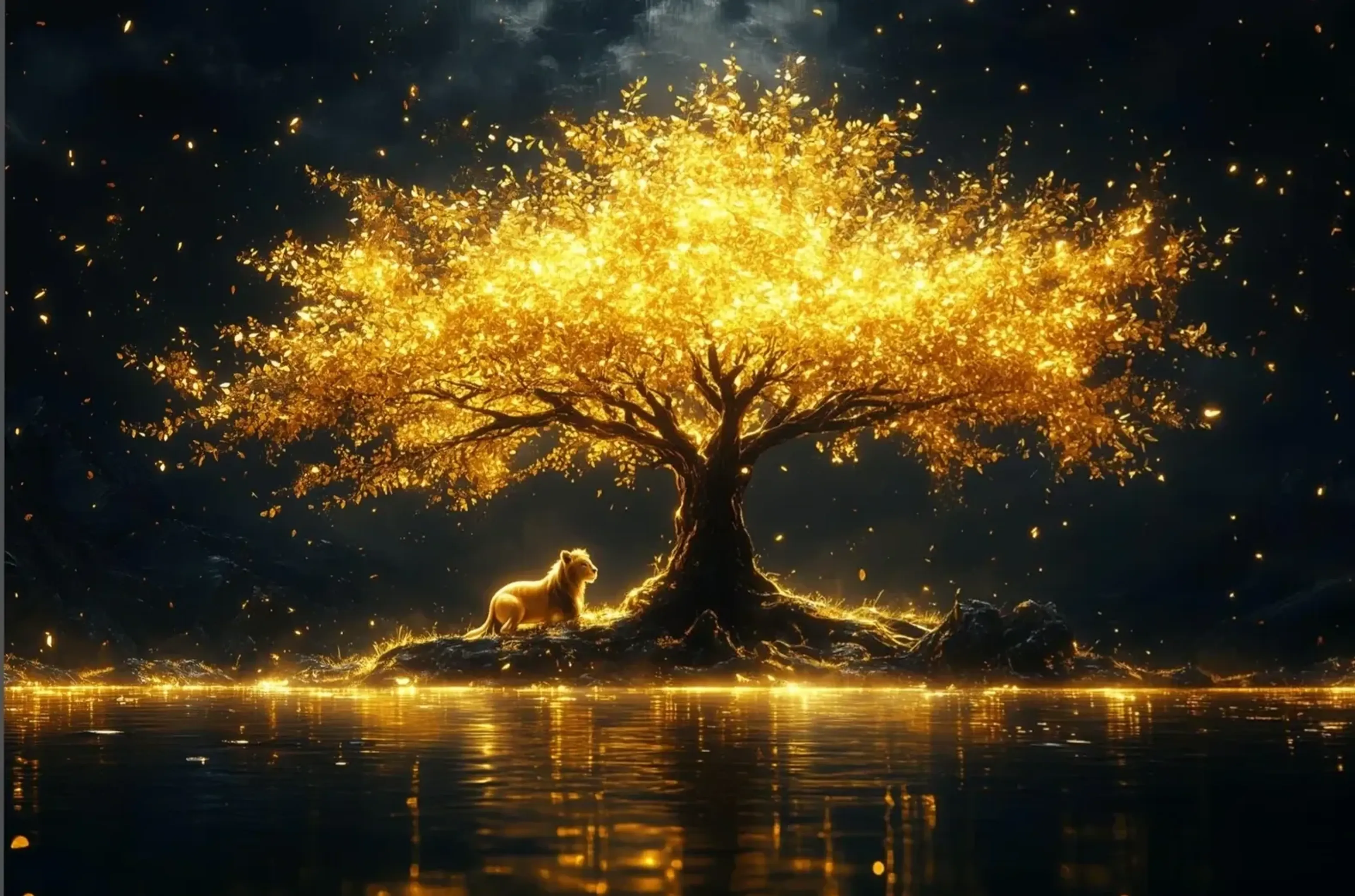 Ein Löwe steht unter einem großen Baum mit golden leuchtender Krone am Wasser vor dunklem Hintergrund.