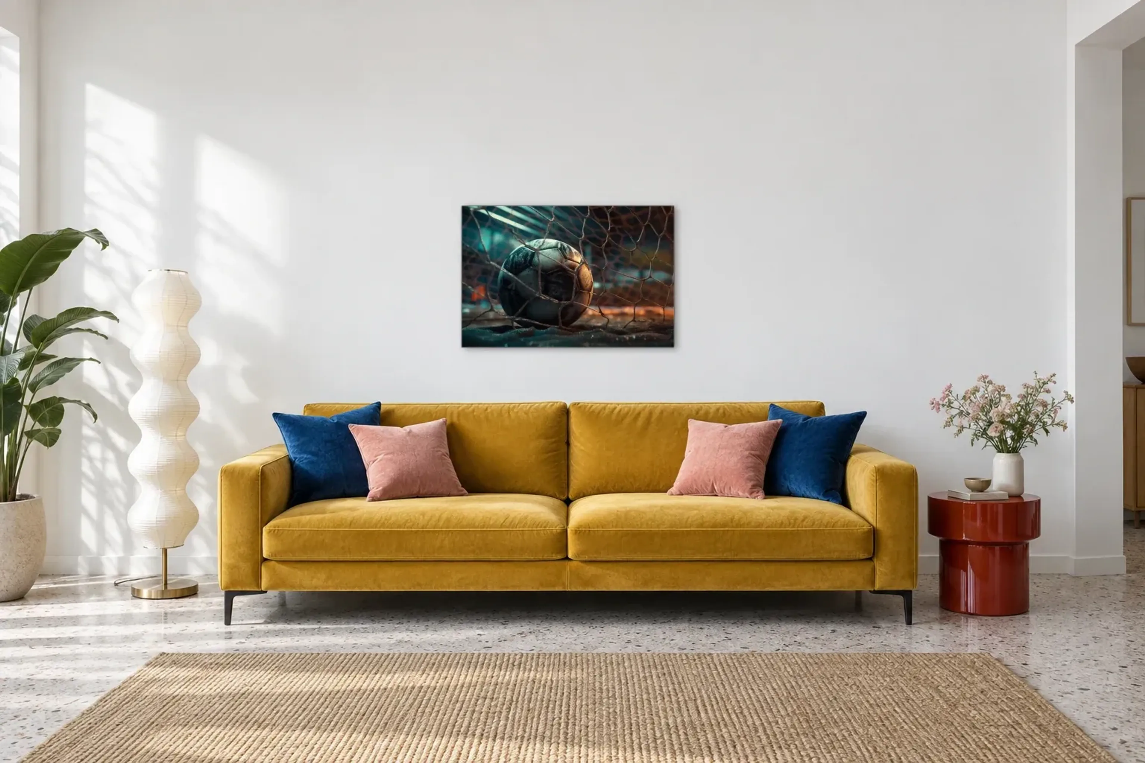 Fußball im Tornetz als Wandbild über einem 220-cm-Sofa