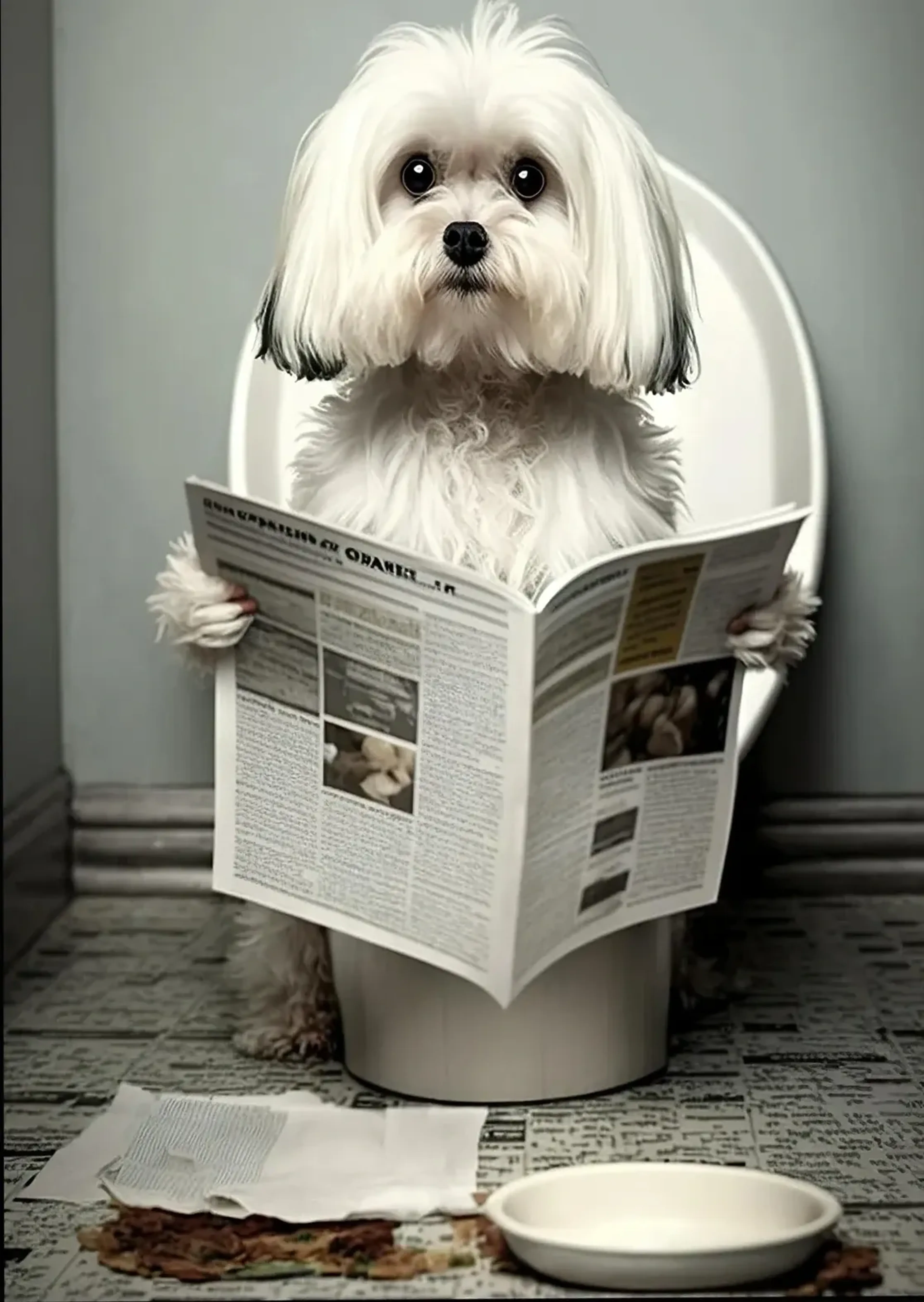 Ein weißer Malteser sitzt mit aufgeschlagener Zeitung auf einer Toilette; auf dem Boden liegen Zeitungsseiten.