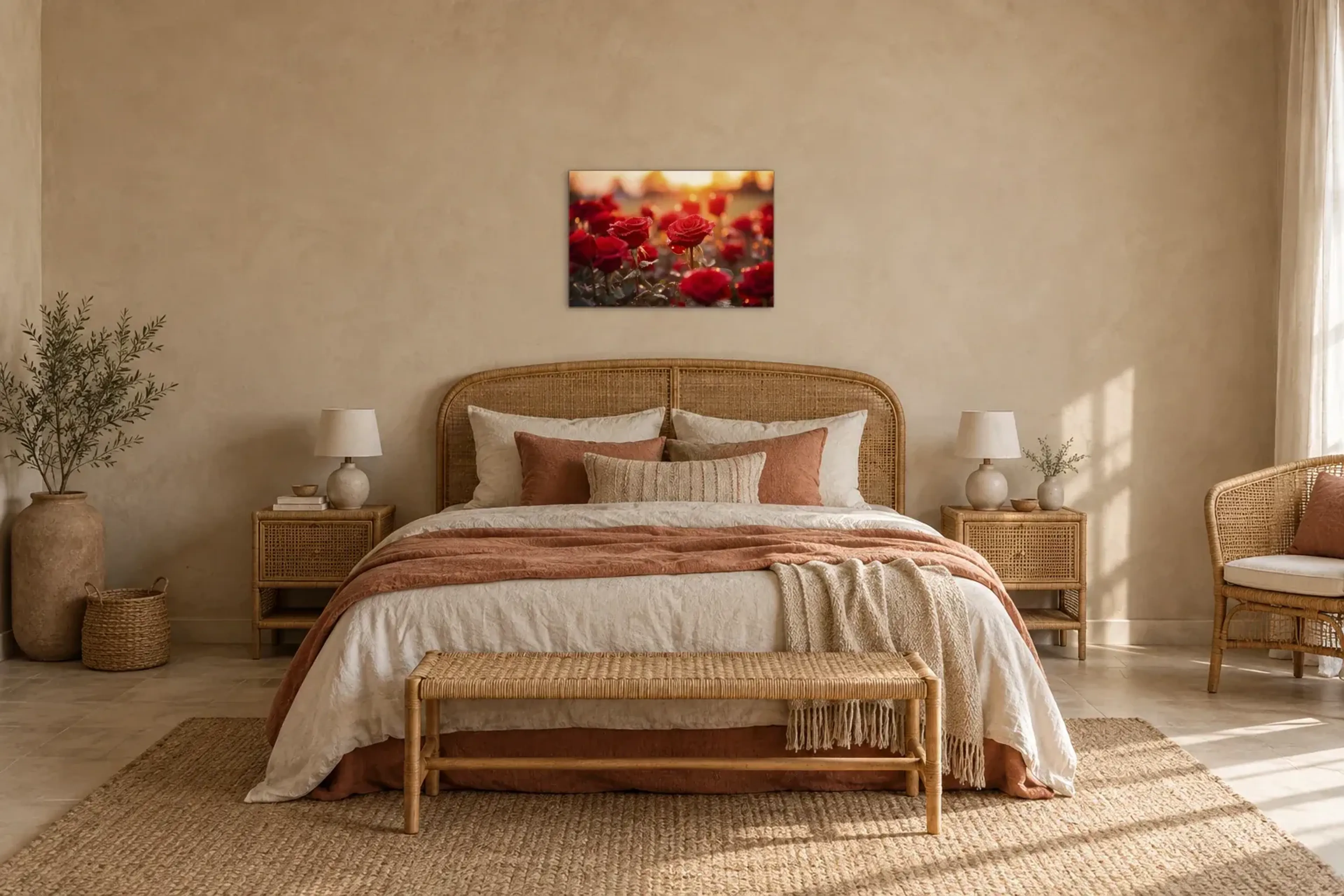 Rote Rosen im Licht als Wandbild über einem 180-cm-Bett
