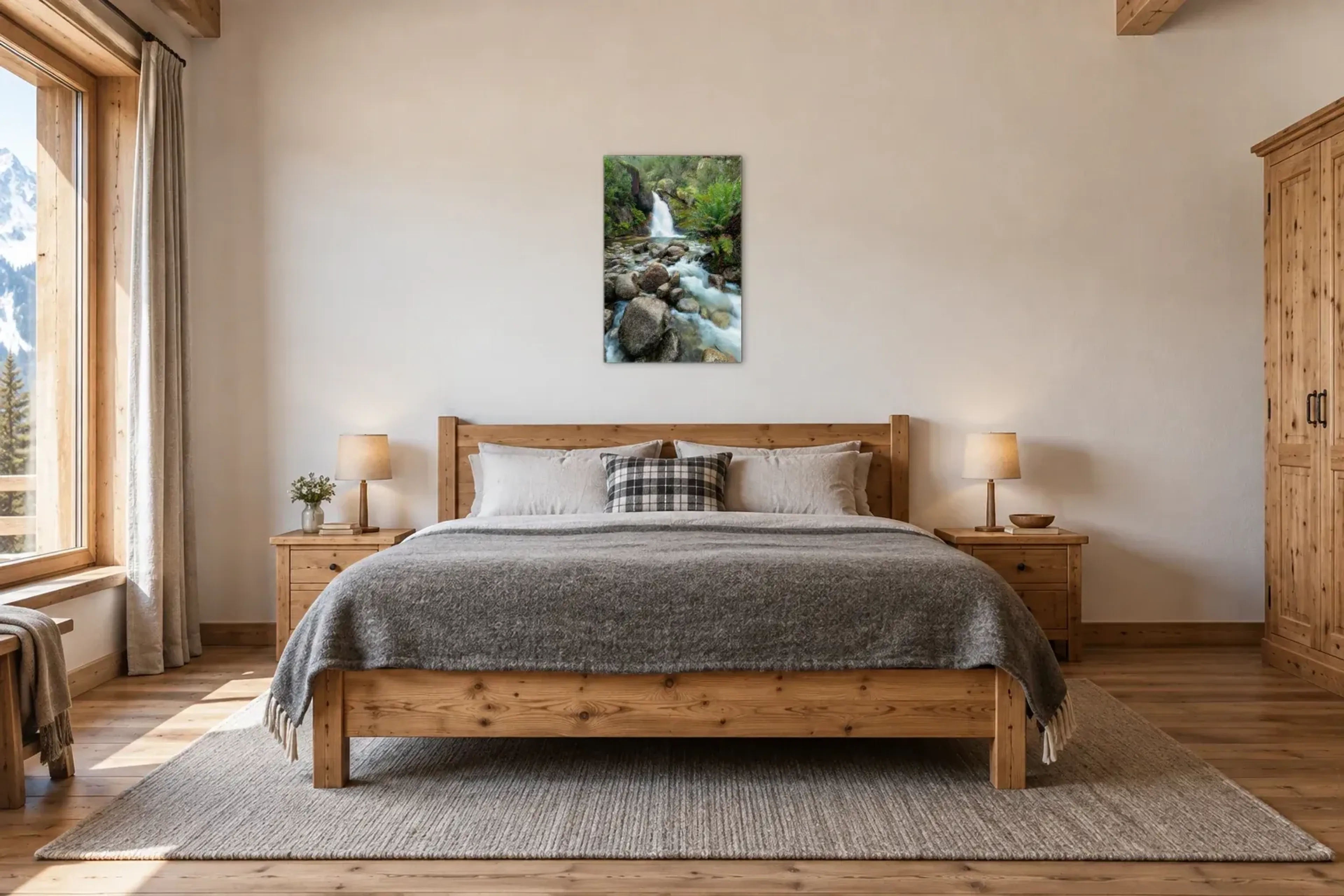 Wasserfall im Wald als Wandbild über einem 180-cm-Bett