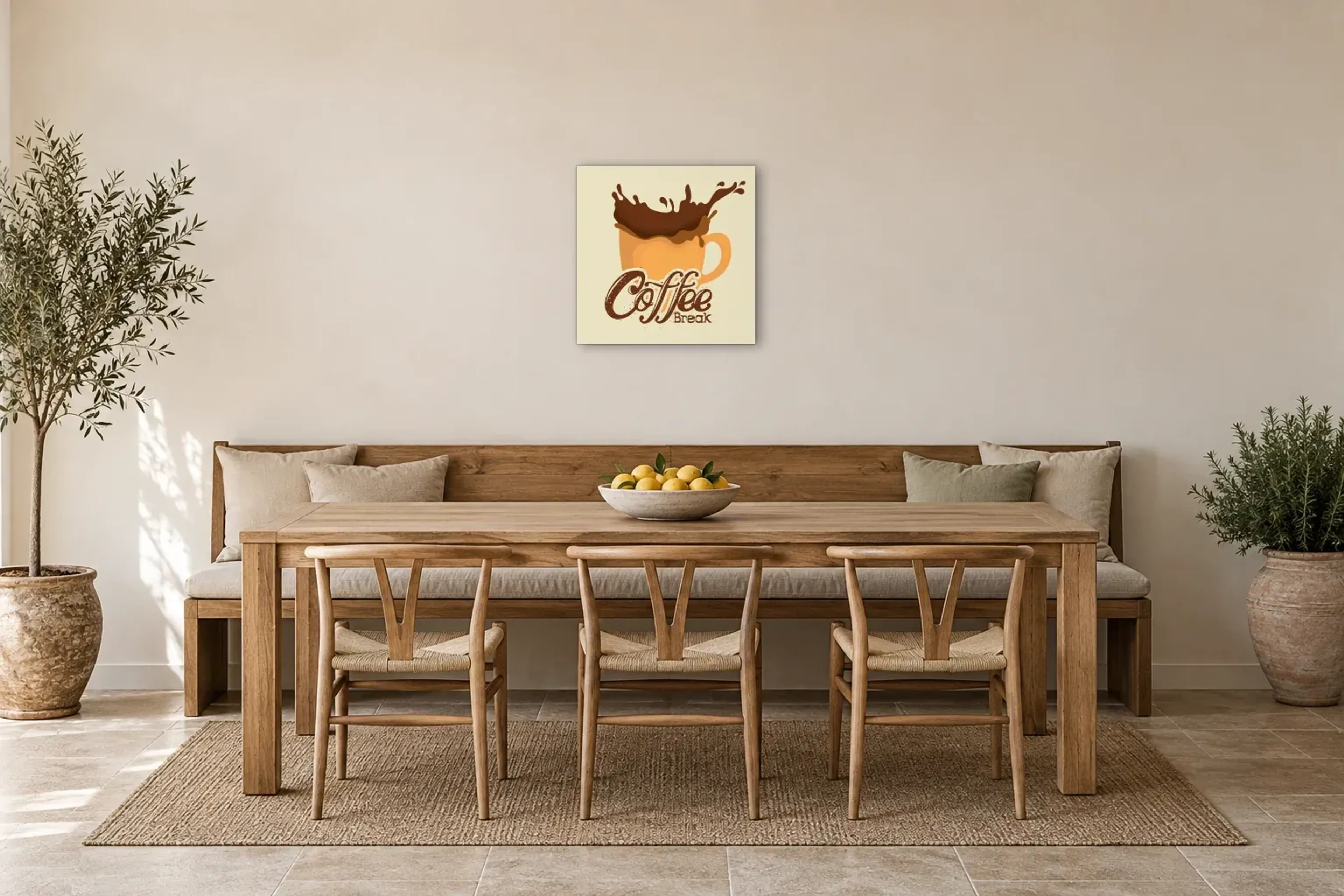 Kaffee-Pause als Wandbild über einer 200-cm-Sitzbank