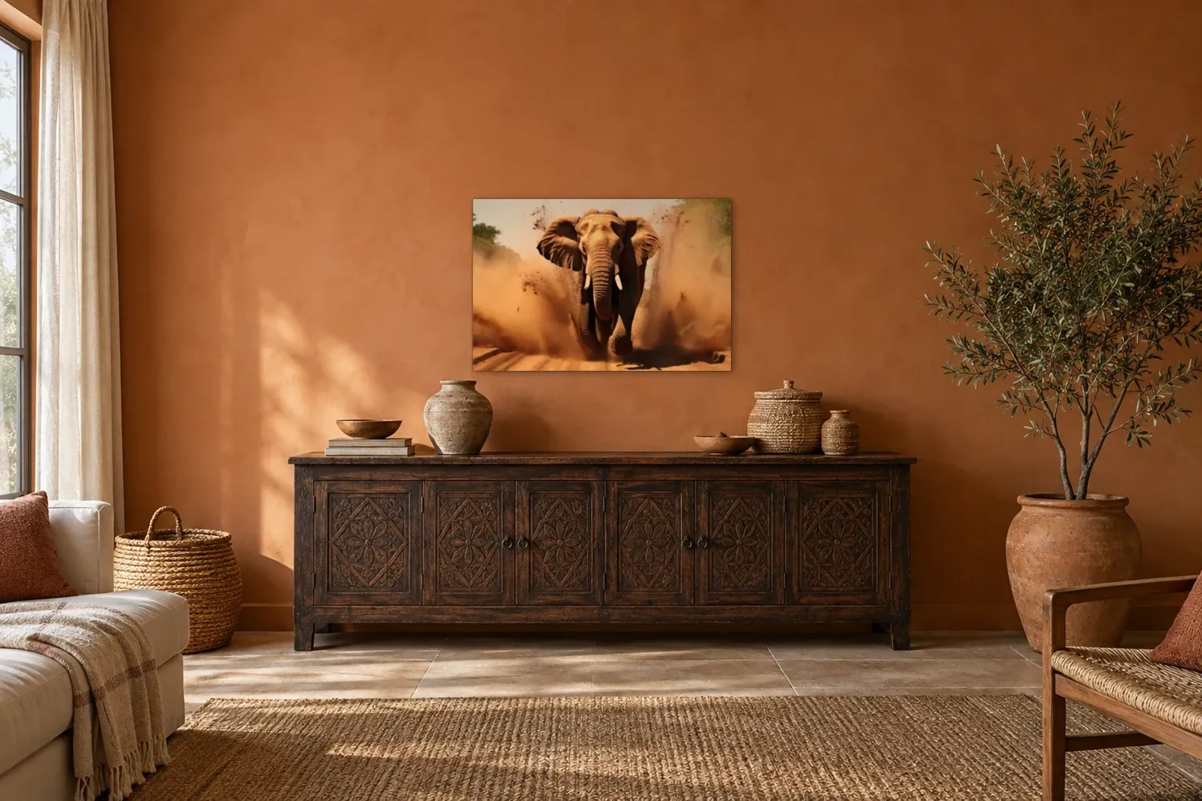 Elefant rennt als Wandbild über einem 180-cm-Sideboard