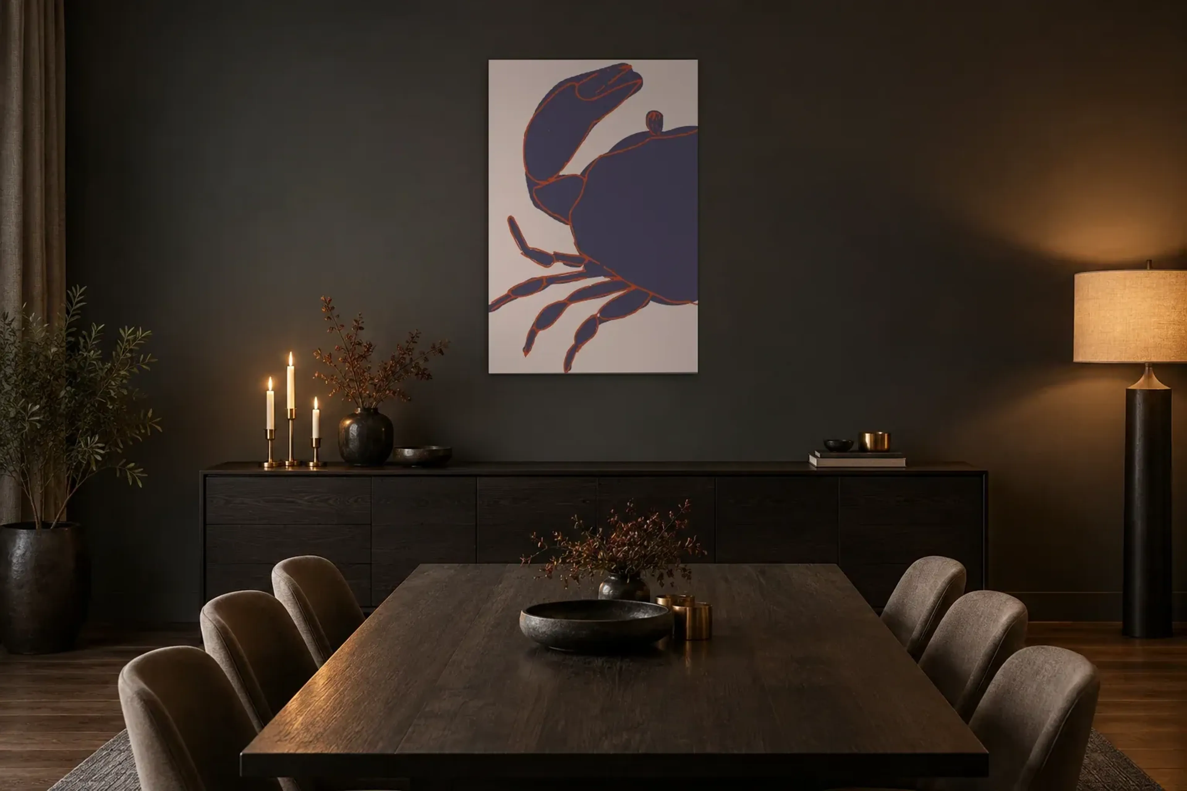 Krabbe blau als Wandbild über einem 180-cm-Sideboard