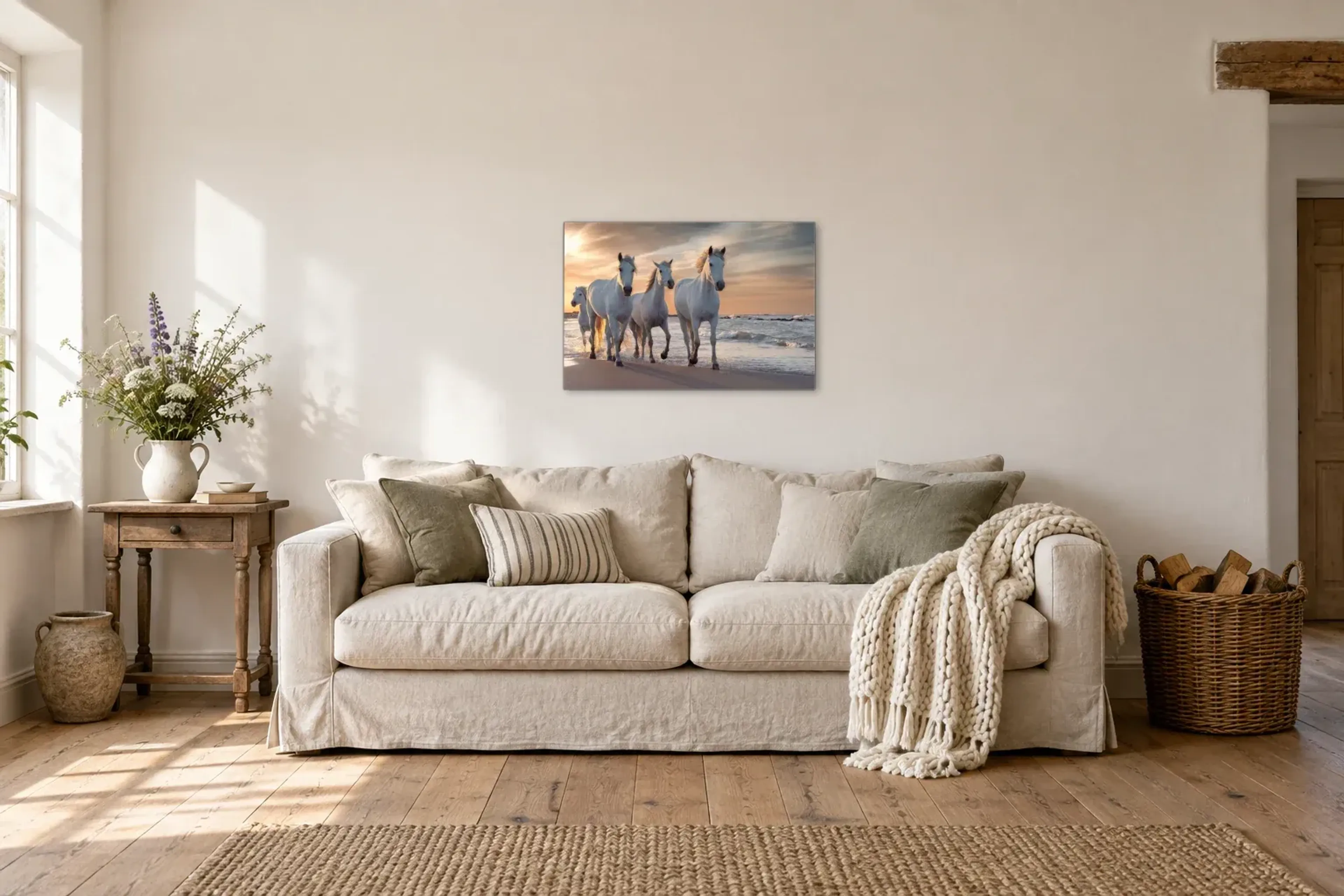 Weiße Pferde am Strand als Wandbild über einem 220-cm-Sofa