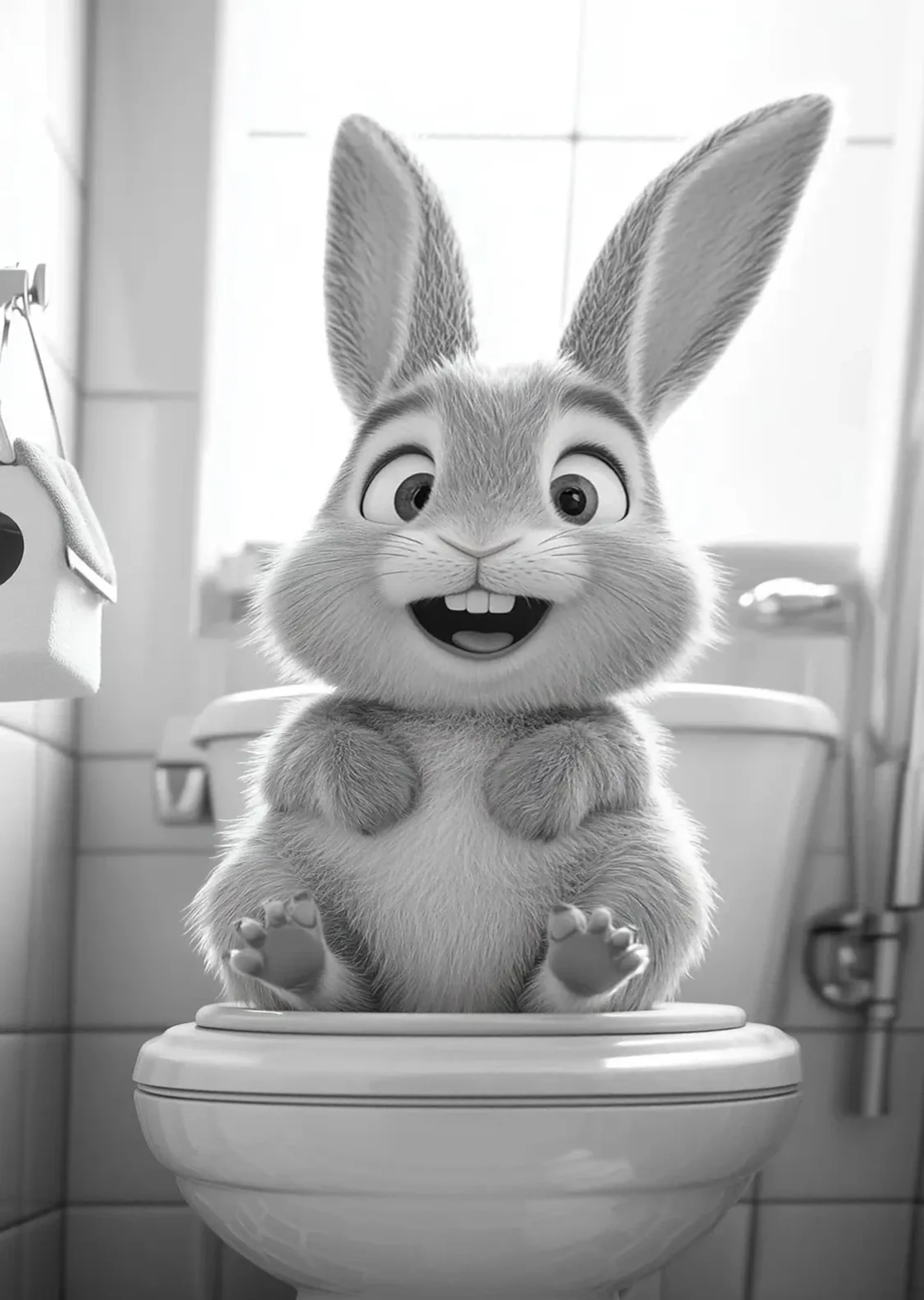 Ein Hase mit langen Ohren und sichtbaren Vorderzähnen sitzt mit angehobenen Hinterpfoten auf einer Toilette.