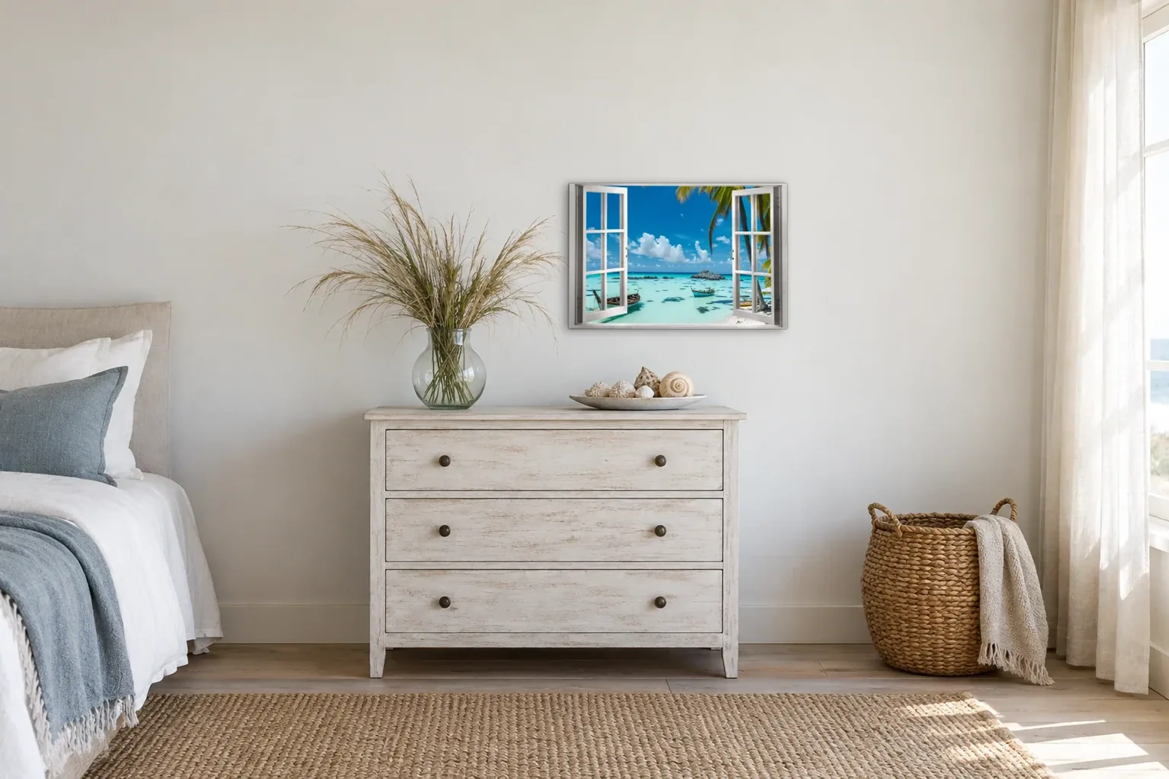 Boote am Palmenstrand als Wandbild über einer 90-cm-Kommode