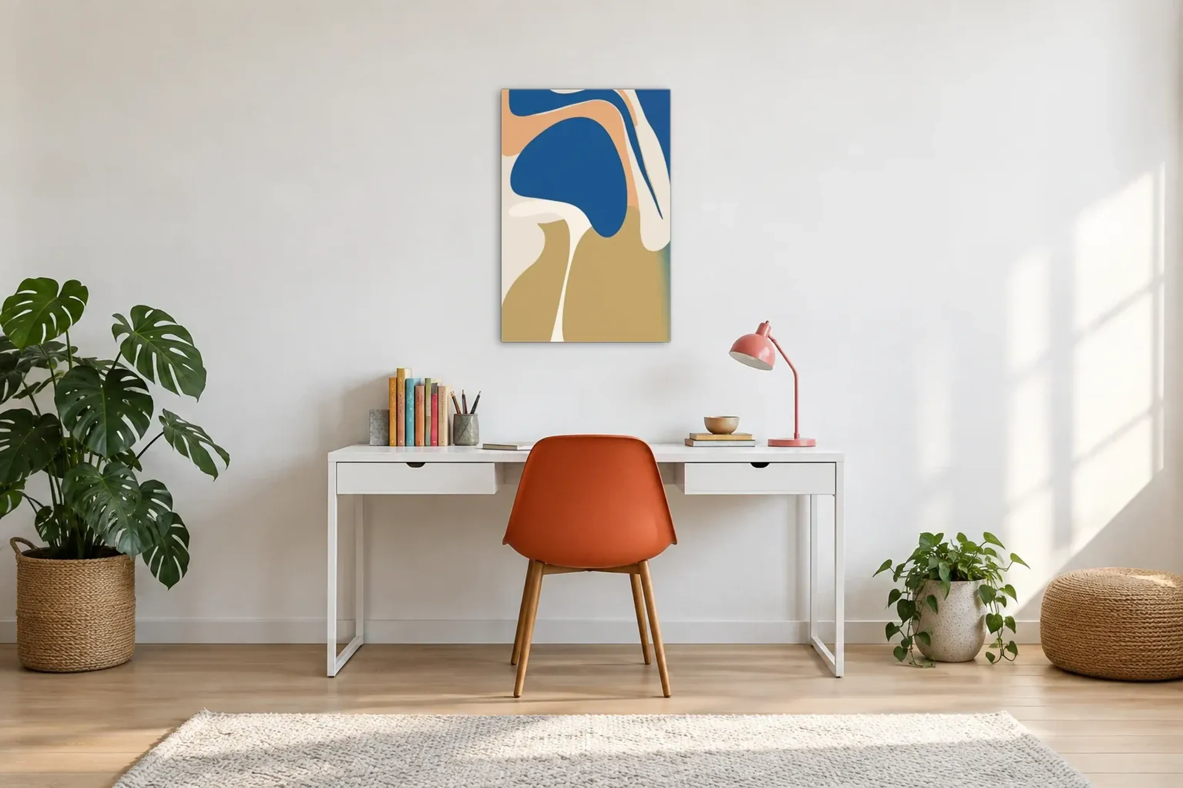 Blaue Formenschwünge als Wandbild über einem 140-cm-Schreibtisch
